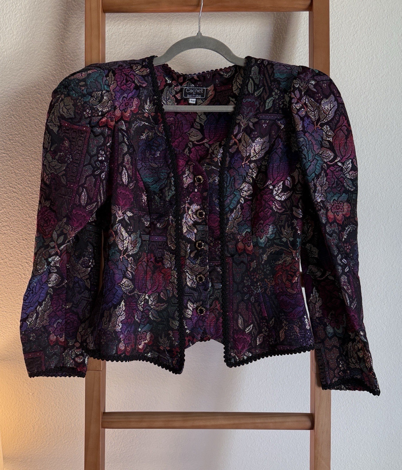 Vintage cachet metallic floral multicolored puff sleeve button front jacket MED