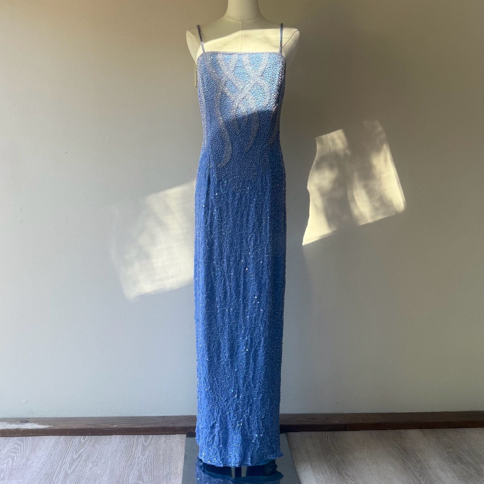 Vintage Blue Fully Beaded 100% Silk Maxi Column Evening Gown