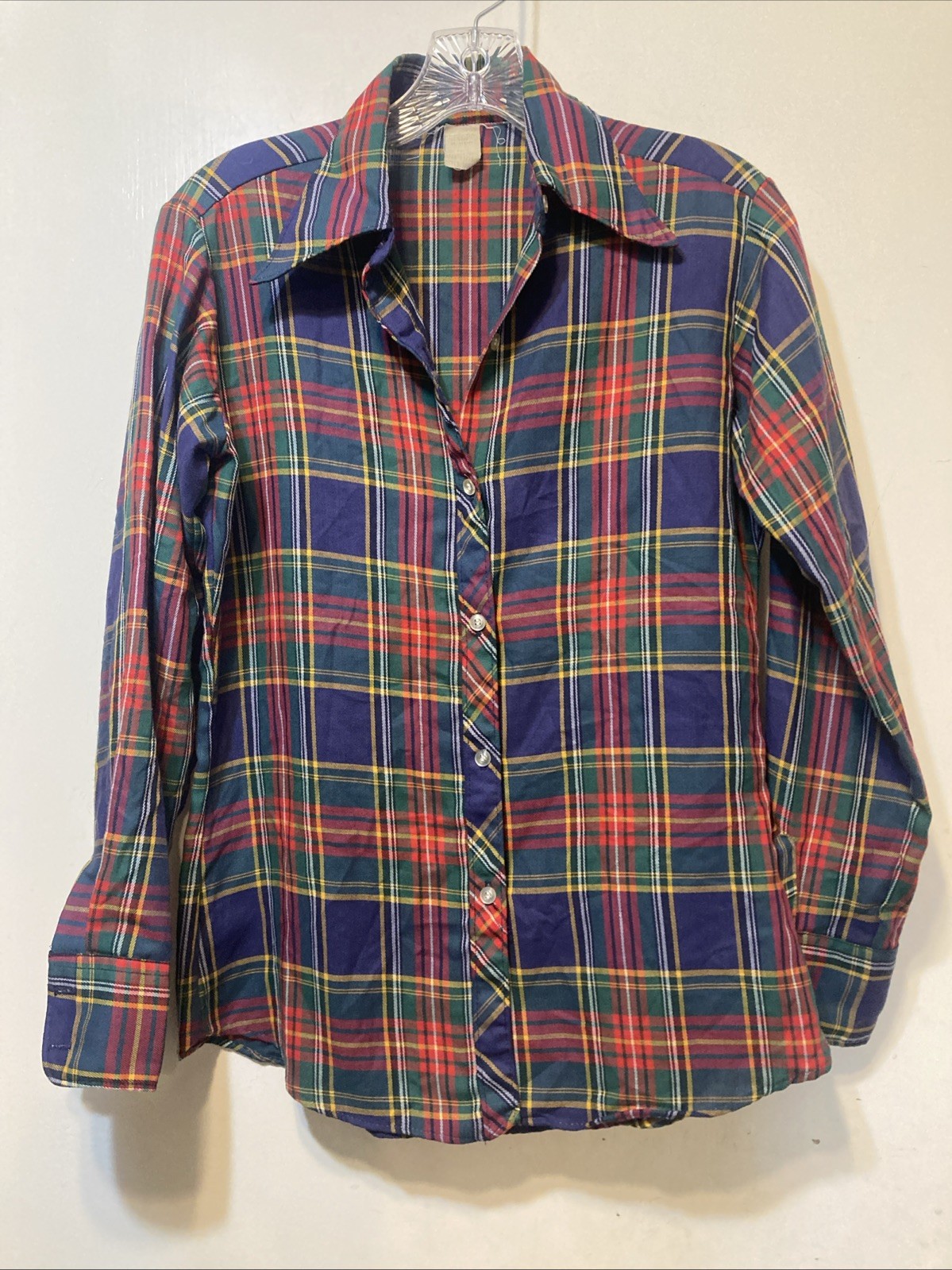 Vintage plaid 100% cotton button-down red navy green yellow white women’s 11/12