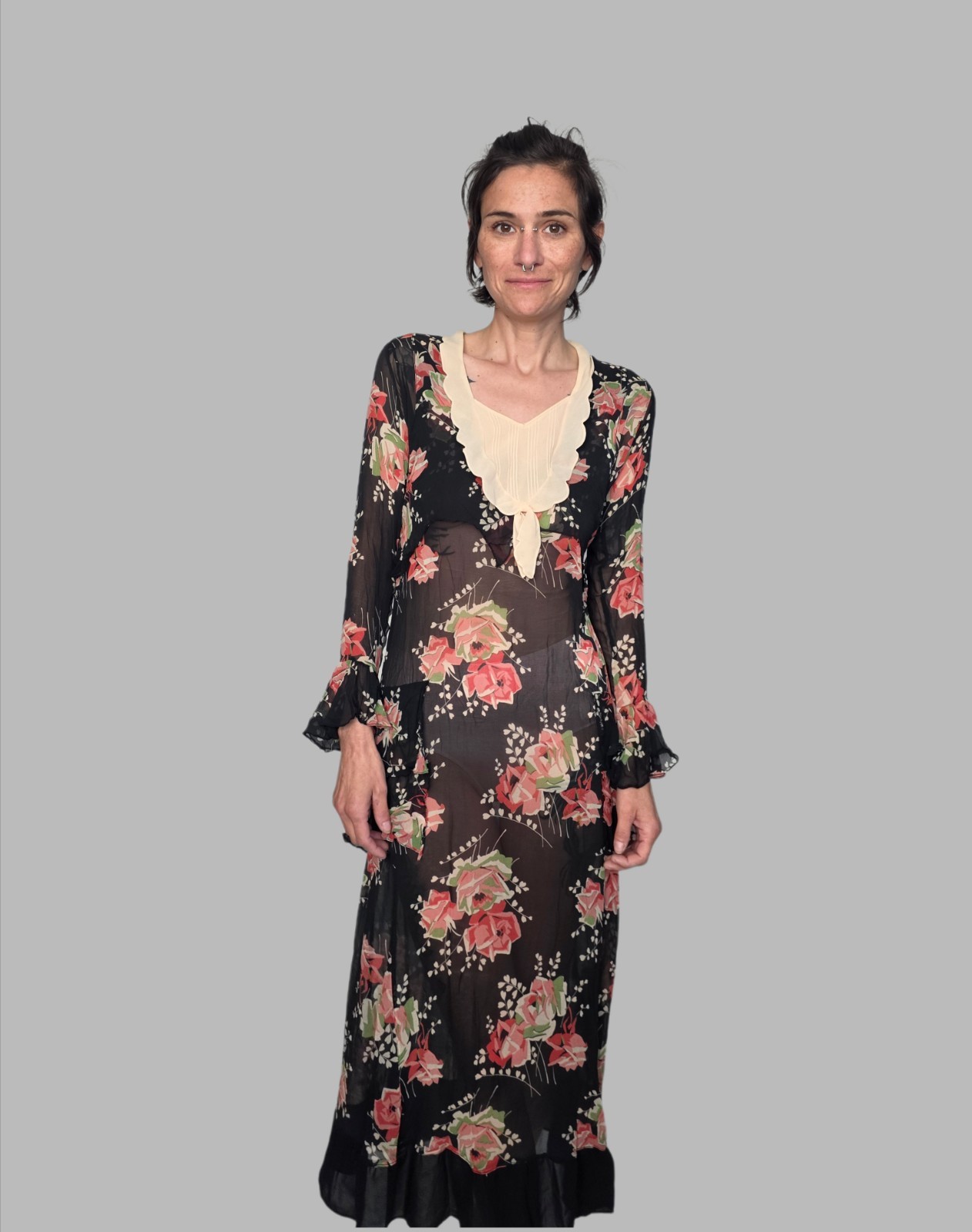 Authentic 1920s Black Silk Chiffon Dress | Floral Appliqué Flapper Gown |…