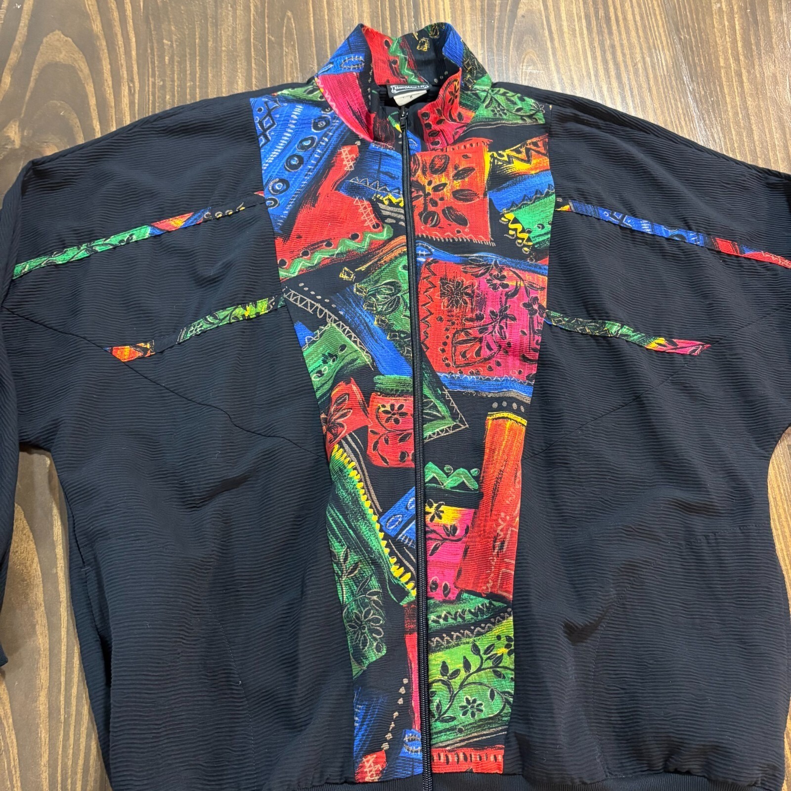 Vintage BonWorth Zip Up Jacket Black Abstract Multi Color Textured Knit USA M