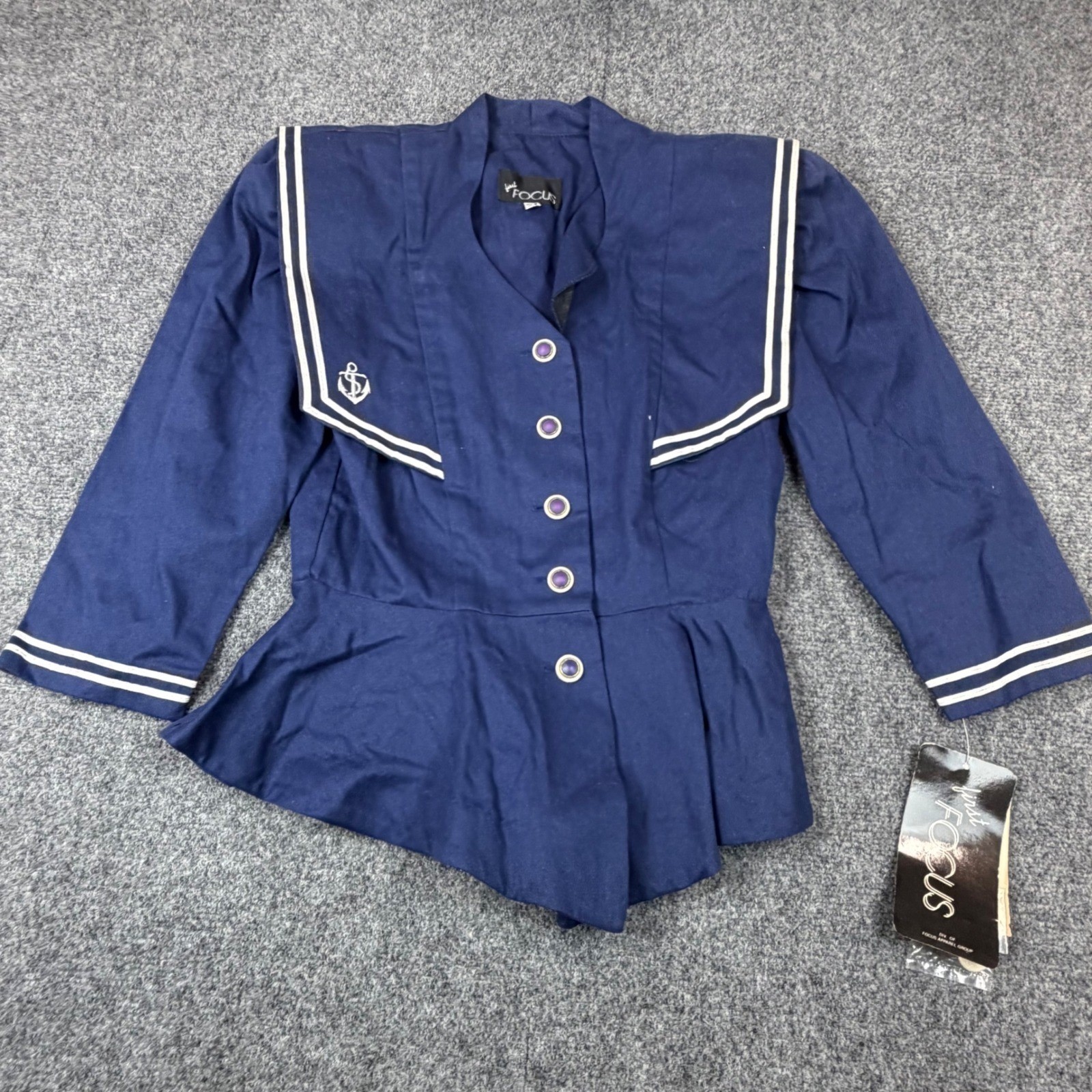 Vintage First Focus Navy Blue Sailor Jacket Peplum Nautical Anchor USA Made NWT