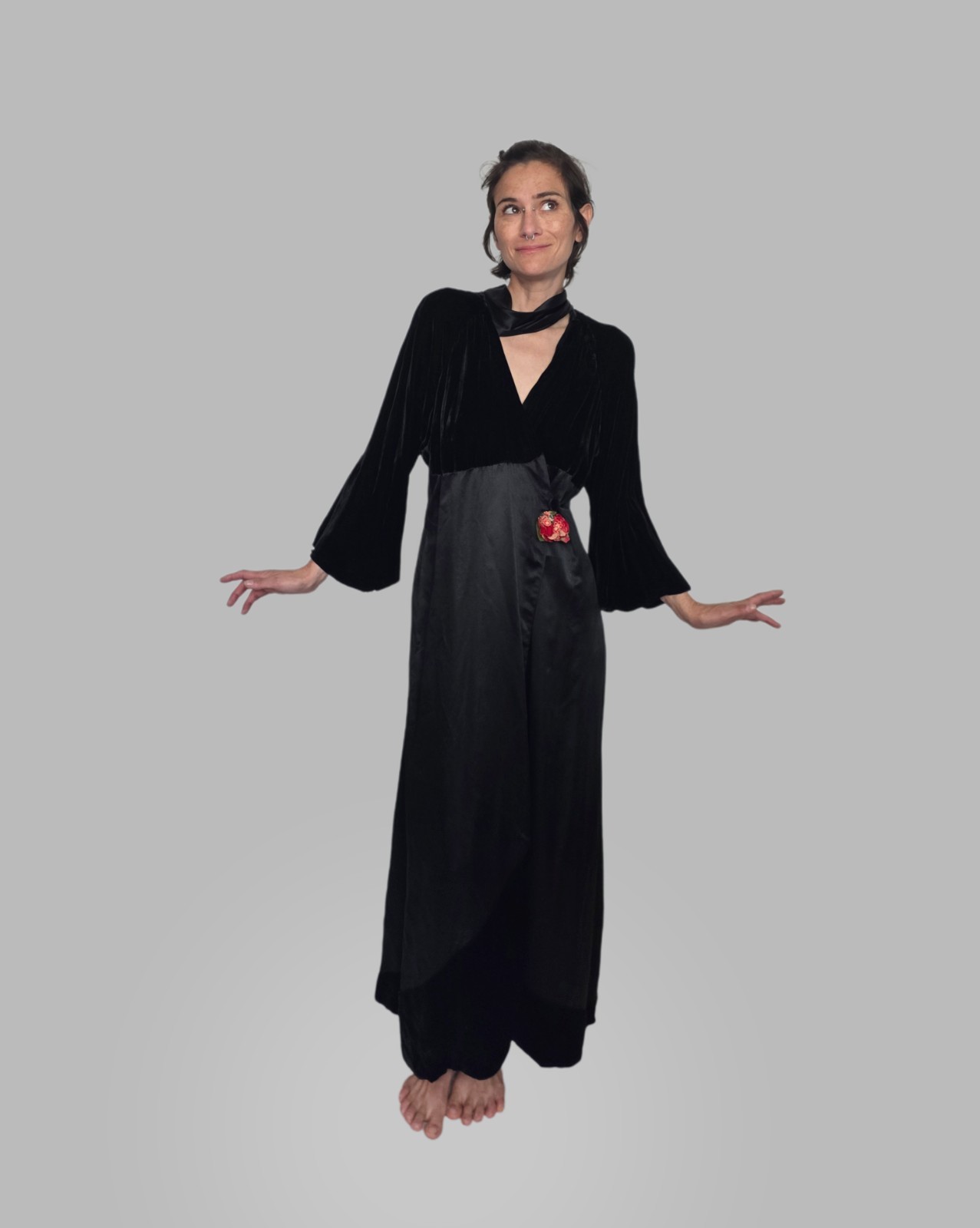 Authentic 1920s Black Silk Velvet Wrap Dress | Antique Evening Gown with…
