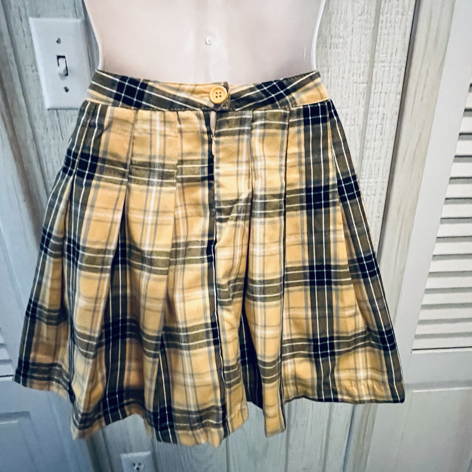 Y2K Micro Mini Skirt Yellow/Black PLAID PLEATED Sz Med-15.5&Prime; Length-FOREVER 21