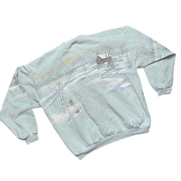 Vintage Artisans Sunschein Designs Winter Scene Button Front Blue Cardigan XL