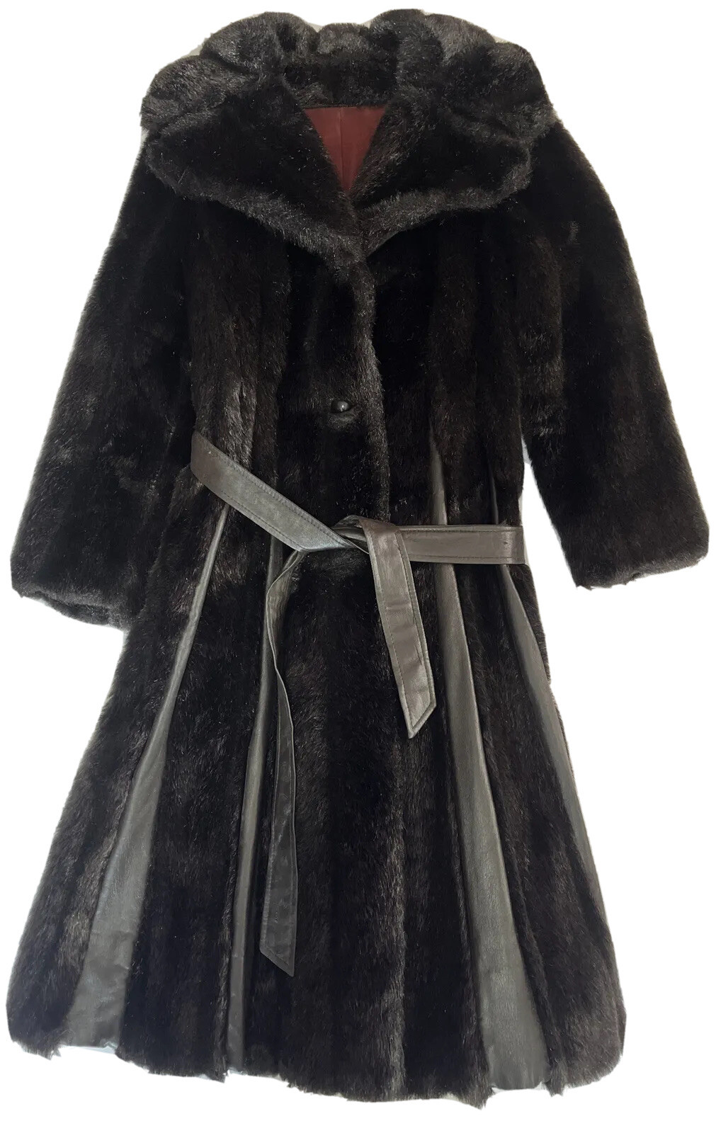 Vintage Betty Rose Dark Brown Silky Faux Fur/Faux Leather Long Coat No Size Tag