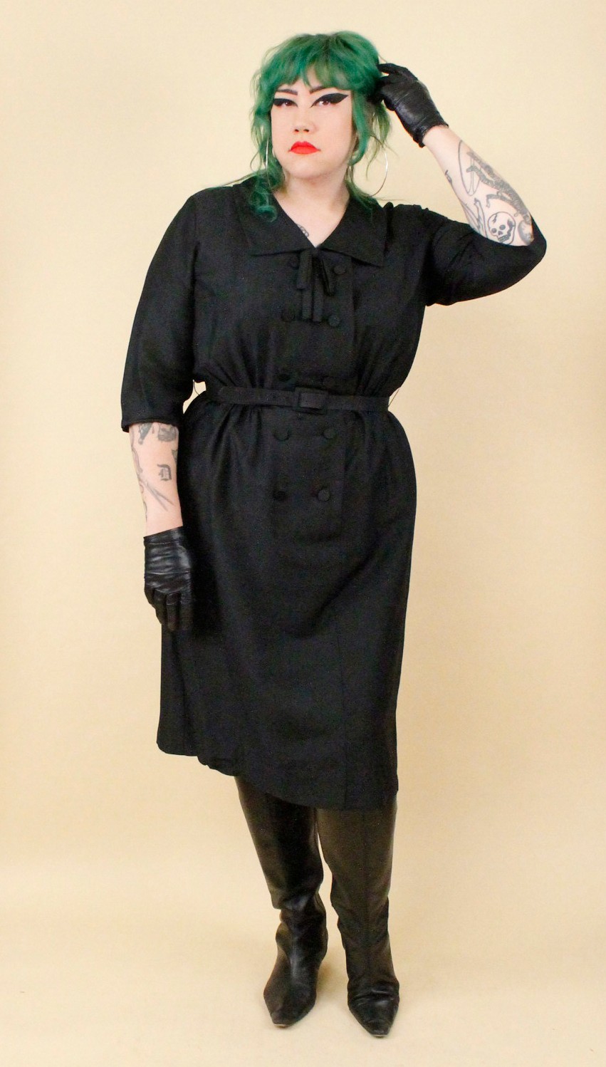 1950s Vtg Black Plus Size Volup Collared Sailor Button Dress Goth Pin Up 1X B48&Prime;