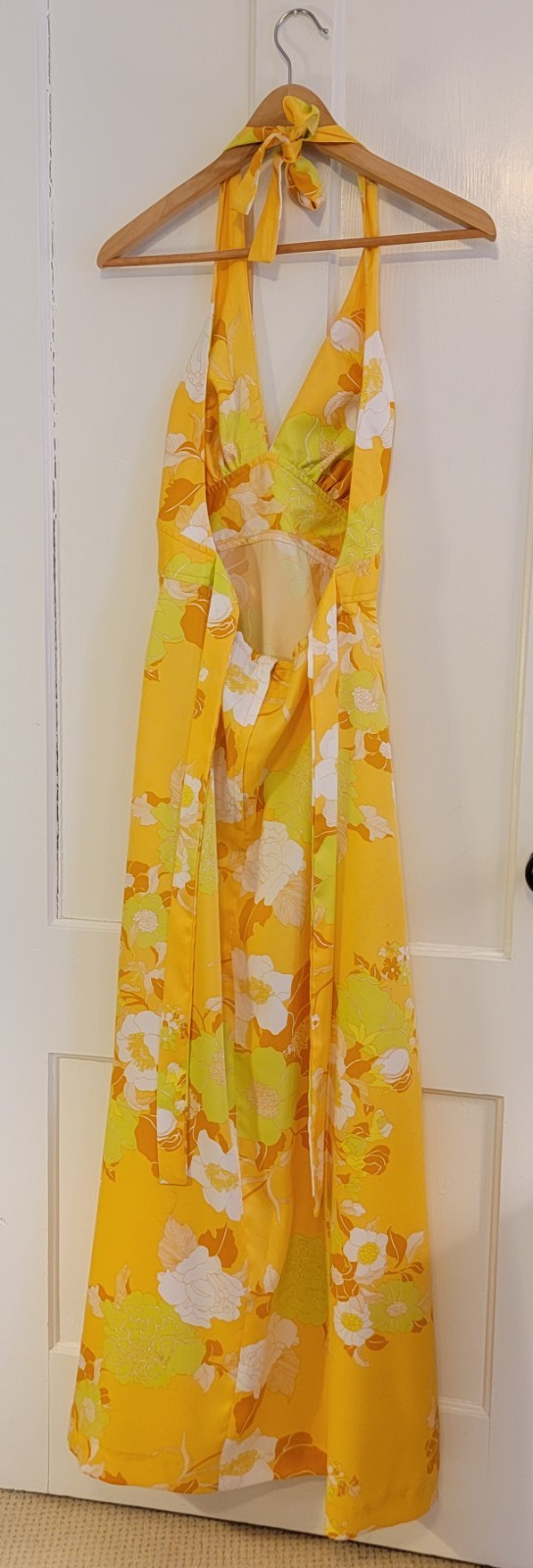 70s Vintage Sunny Yellow Summer Halter Dress With Open Back Ties & Zipper
