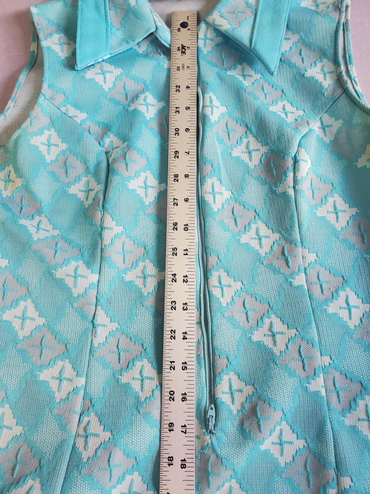 VTG 1970S Geometric Double Knit Shift Dress, Aqua/White Sleeveless Mod Tie L 12