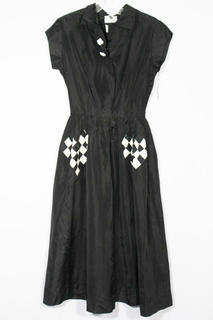 RARE DEADSTOCK VINTAGE 1950&rsquo;S BLACK AND WHITE RAYON TAFFETA DRESS SIZE 2+