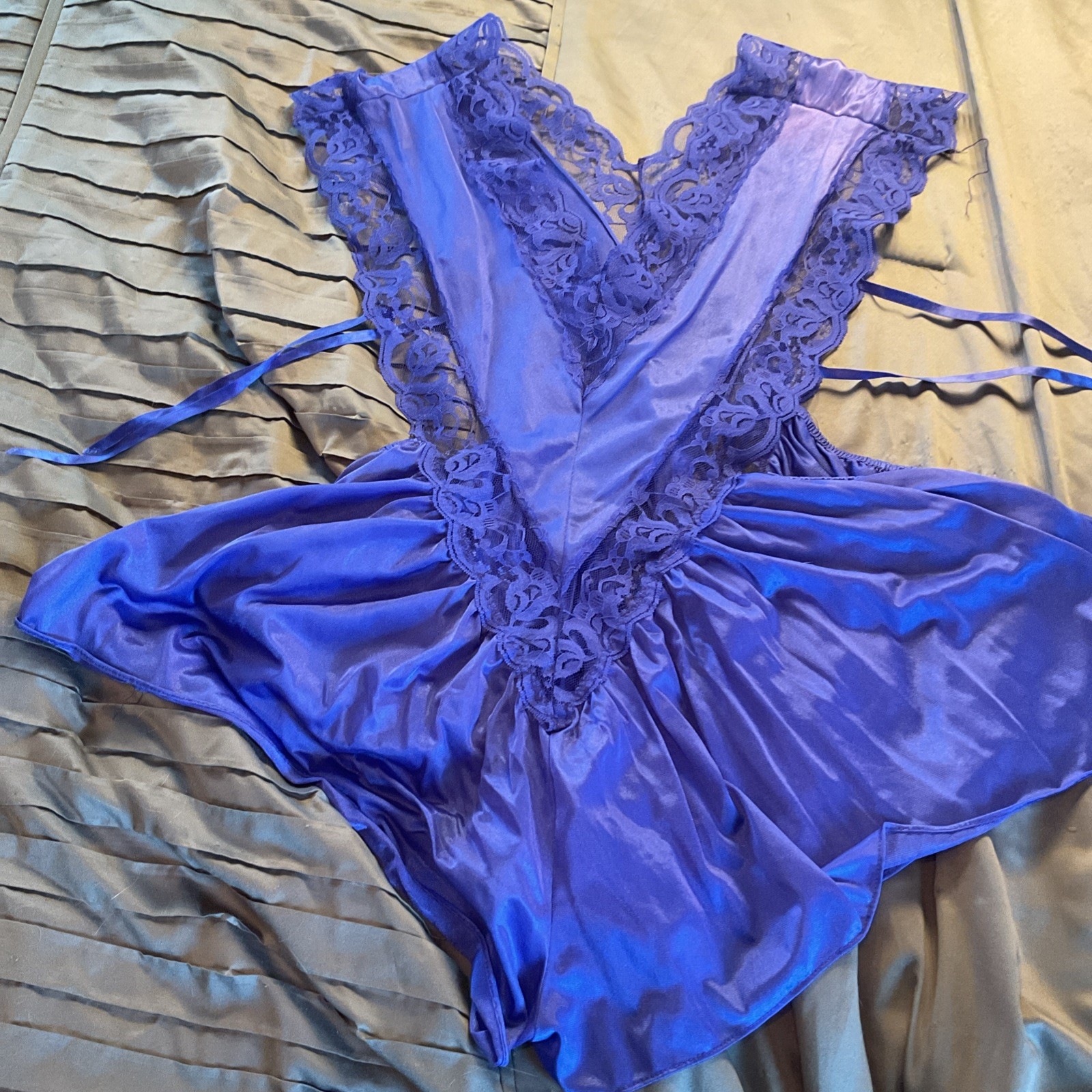 Vtg Blue Teddy Romper Lingerie Nylon Lace Trim V-neck Plus Size XXL Made In USA