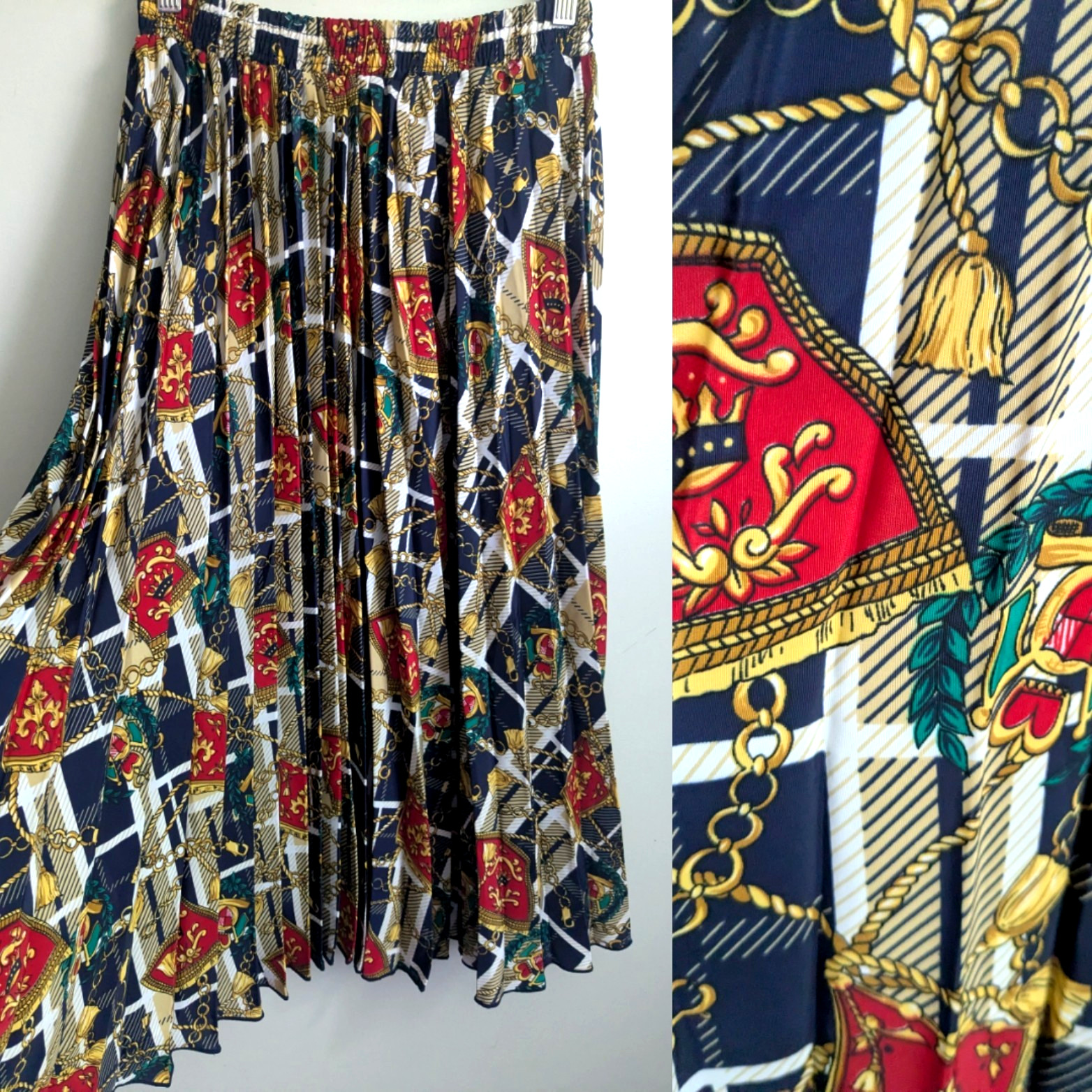 90s Pleated Midi Skirt Preppy Equestrian Patriotic Chain Scarf Print Secretary S