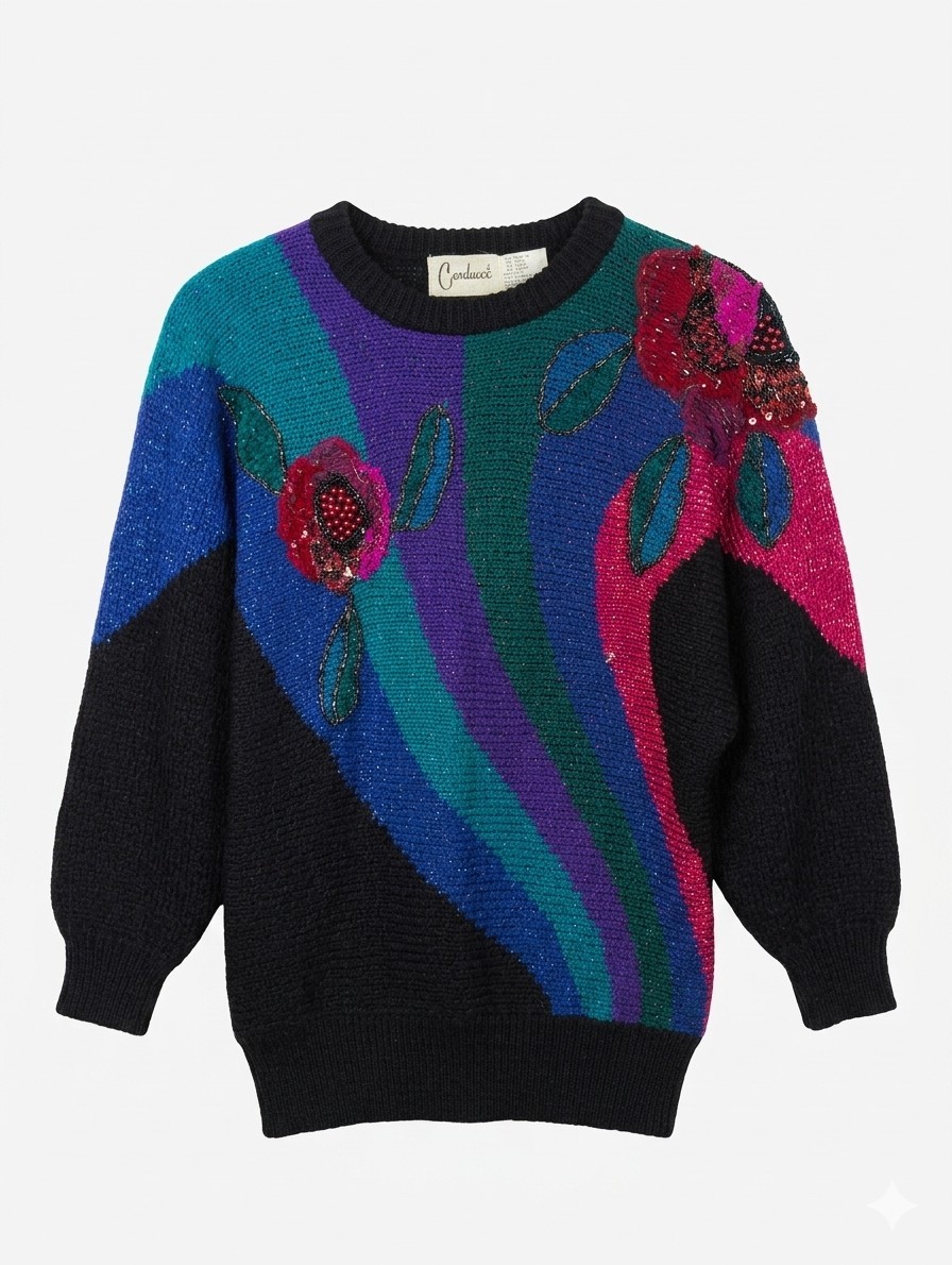Vtg 80s Carducci Womans M Dolman Sleeve Sweater Embroidery Beads Glam Retro Art
