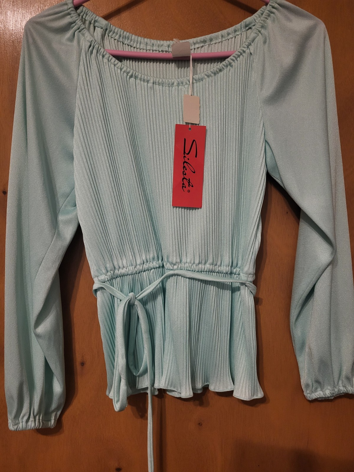 Cute Vintage Pleated Top Women&rsquo;s Sz 9/10. Long Sleeve. Light BlueGreen 60s-70s