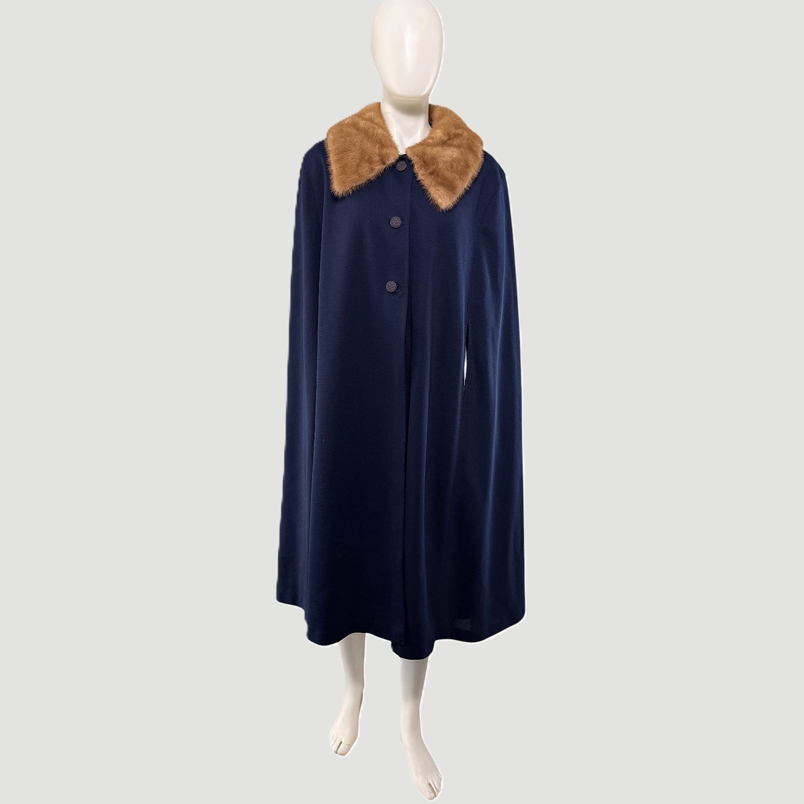Vintage 1950s Opera Cape Cloak Navy Wool Fur Collar Swing Coat Satin Lined