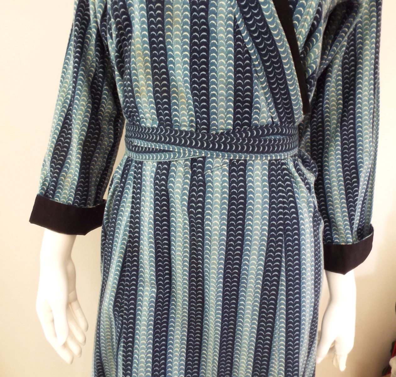 Vintage 1970s KENZO Jap Kimono Long Robe Dress 38 Blue Cotton Wrap Front Belt