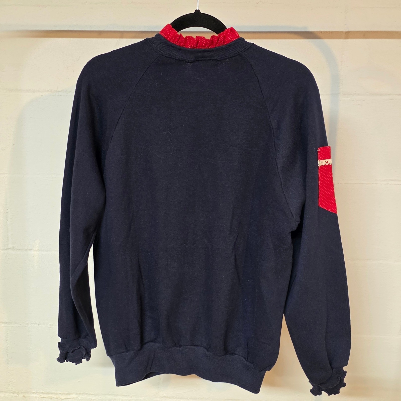 Vintage 80s Activewear Navy Blue Ruffle Collar Polka Dot Sweatshirt Women Medium