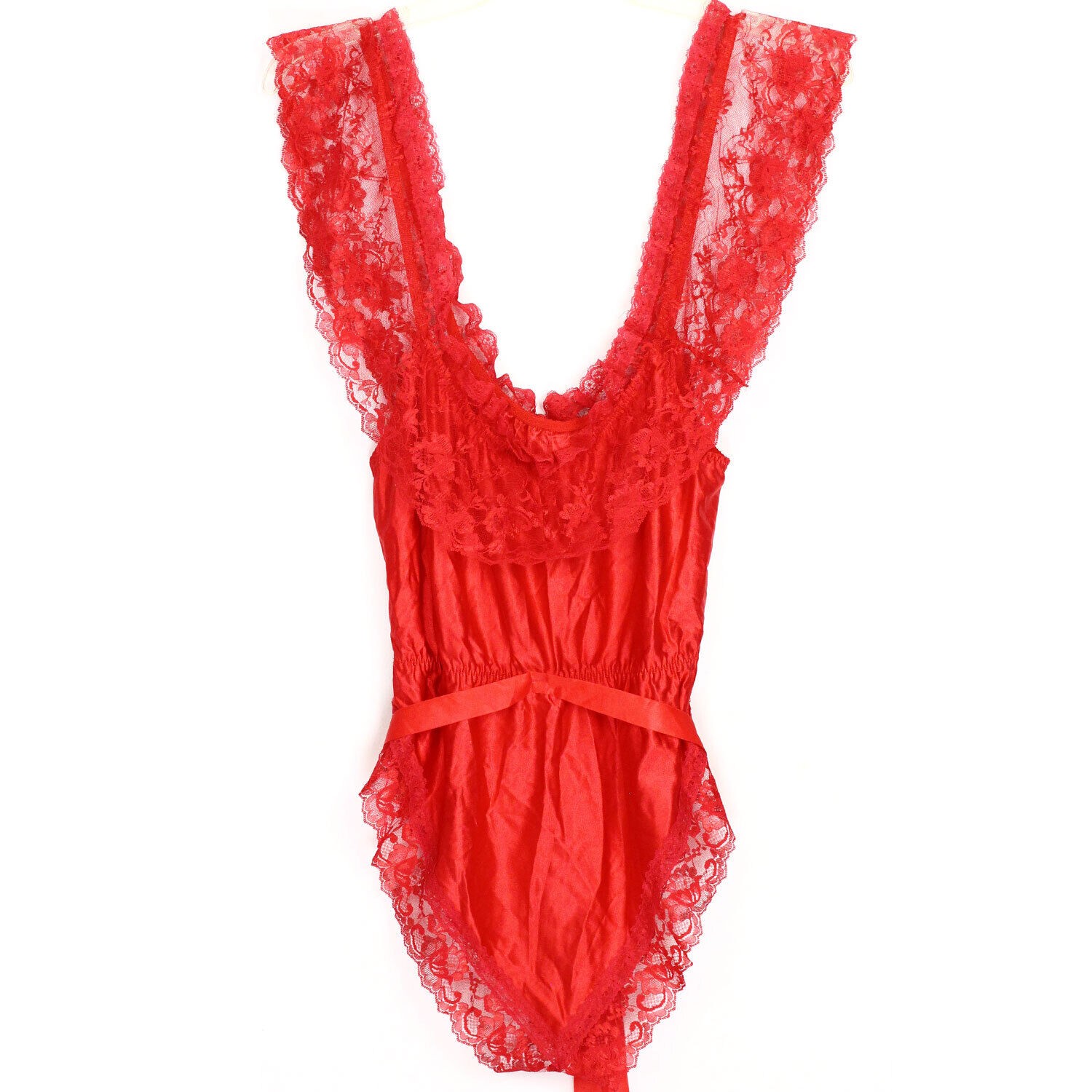 1980s Vintage Lady Marlene Red Nylon Teddy Romper Hi Cut Leg Lace Valentine S