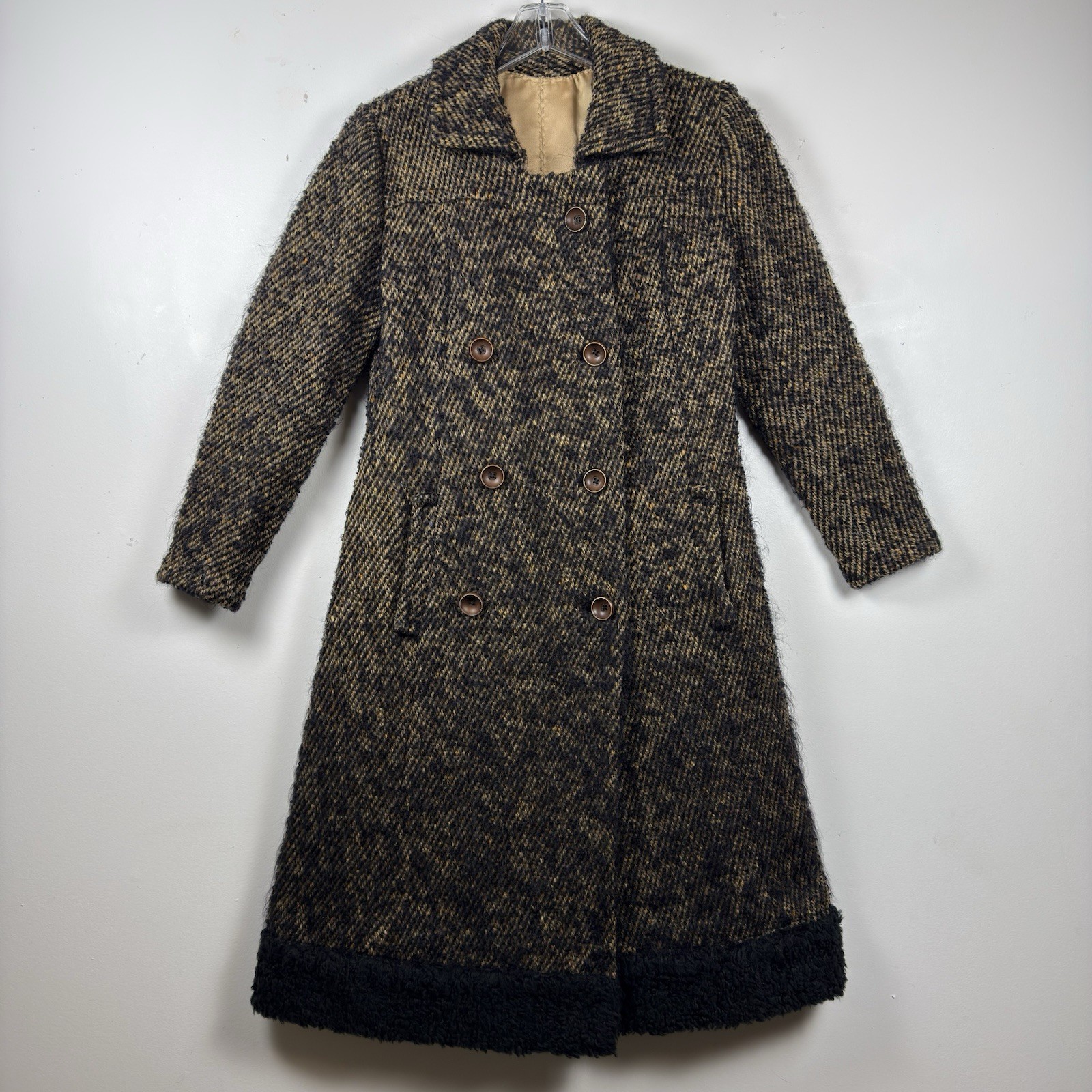 VTG 1960s Custom Made Wool Tweed Double Breasted Coat Womens Small Black Tan NYC