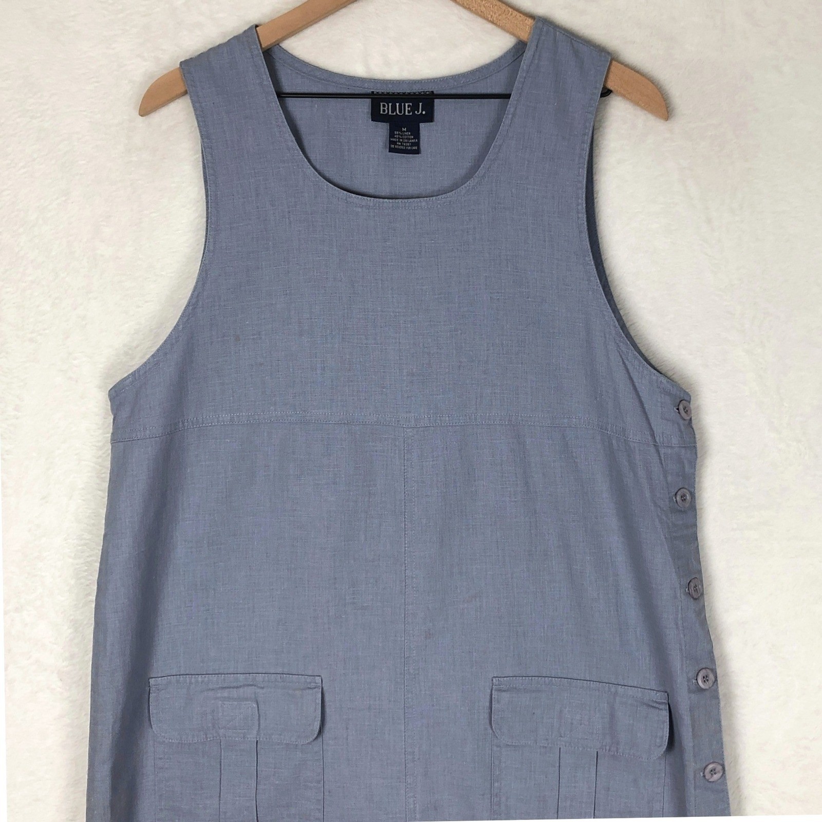 VTG Blue J. Linen Cotton Side Button Jumper Dress Sz M Cargo Pockets Sleeveless