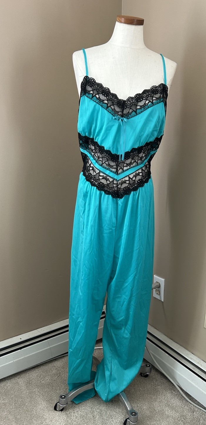 Vtg Petra Fashions Nylon Pant Playsuit Lingerie Teal Black Lace USA 1X