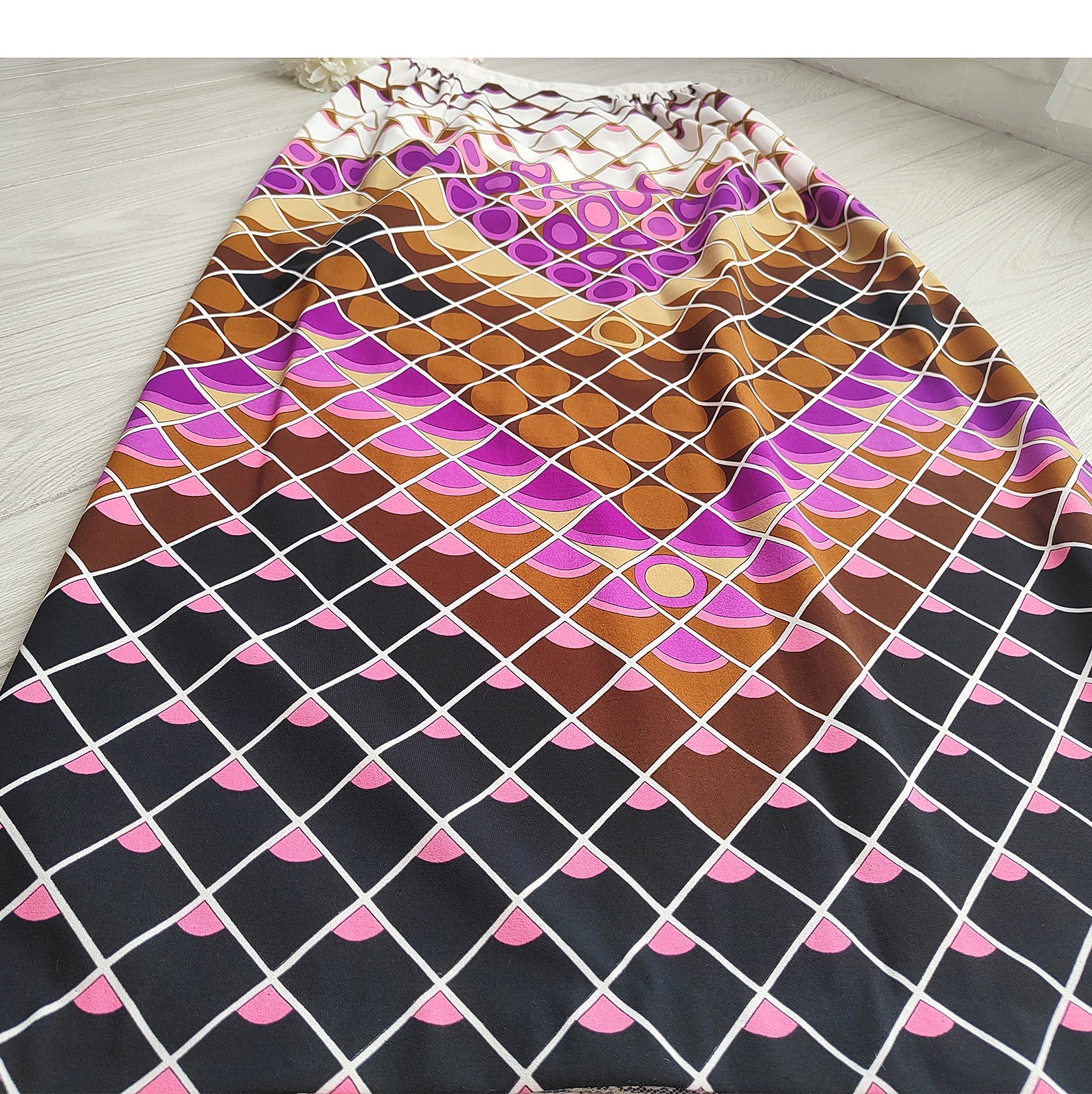 60s-70s Mod Psychedelic Maxi Skirt Purple Geometric Diamond Print Vintage Boho M