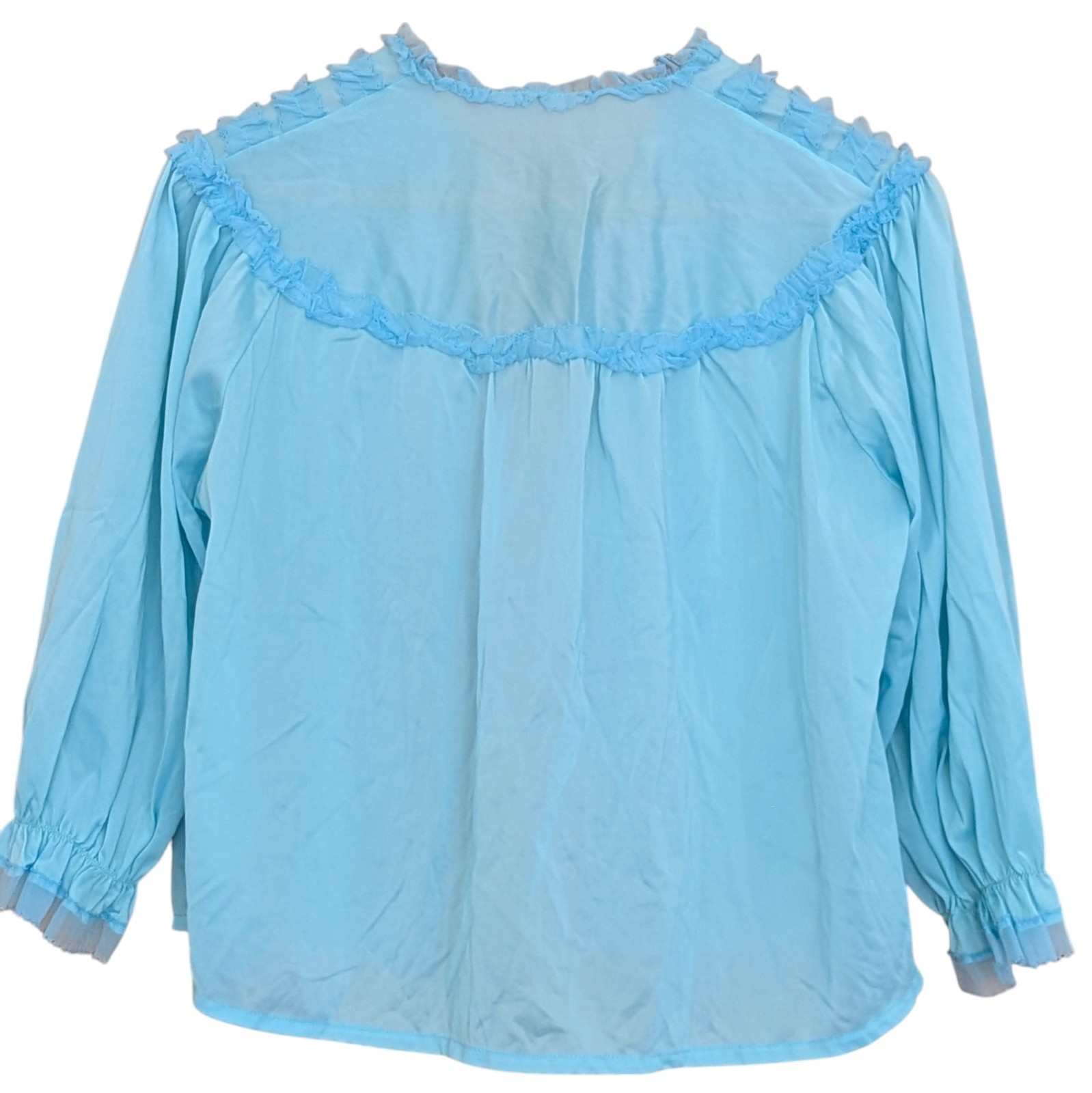 Vintage TexSheen Light Blue Ruffled Tie-Front Bed Jacket Nylon Sheer L Victorian