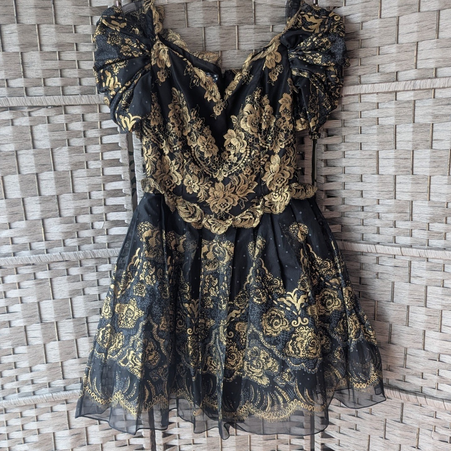 Vtg Zandra Rhodes London Silk Black Gold Brocade Lace Dress Handmade in England