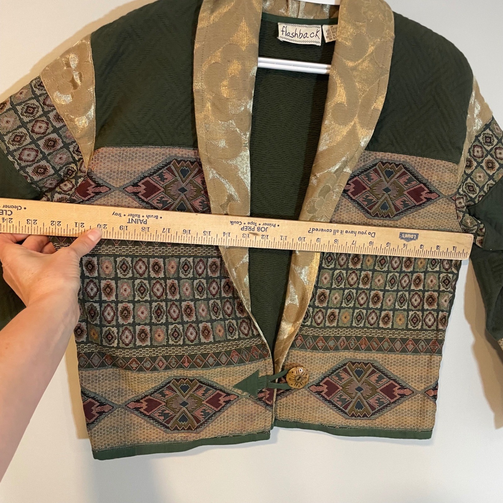 Flashback Vintage Tapestry Patchwork Jacket Green Gold Boho Art To Wear Medium