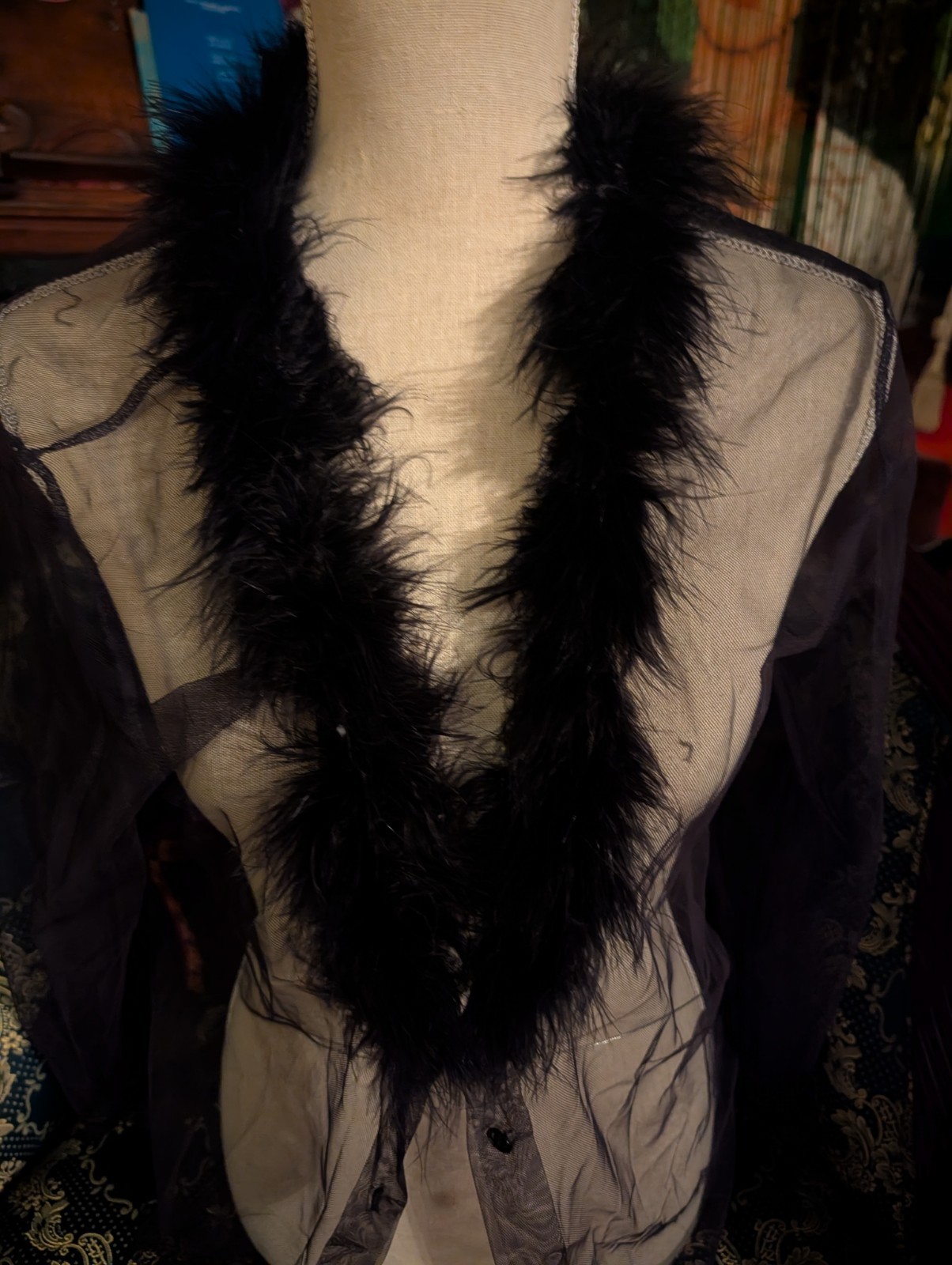 Black Nylon VTG Sheer Mesh Top V Neck Grunge Feather Trim Y2K Goth Party