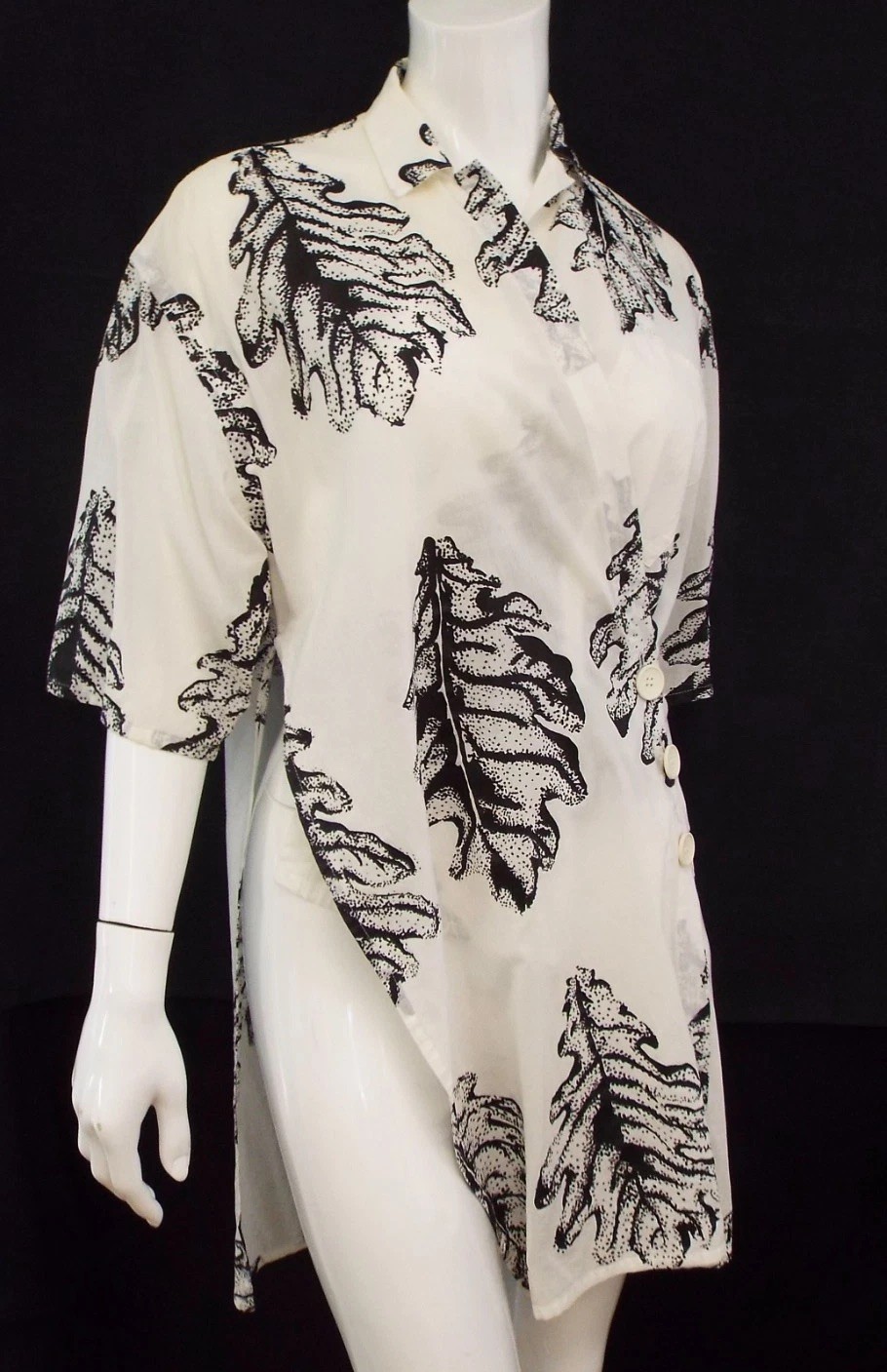 Vintage 1990s Yohji Yamamoto Wrap Kimono Robe Dress Medium Black Leaf Printed