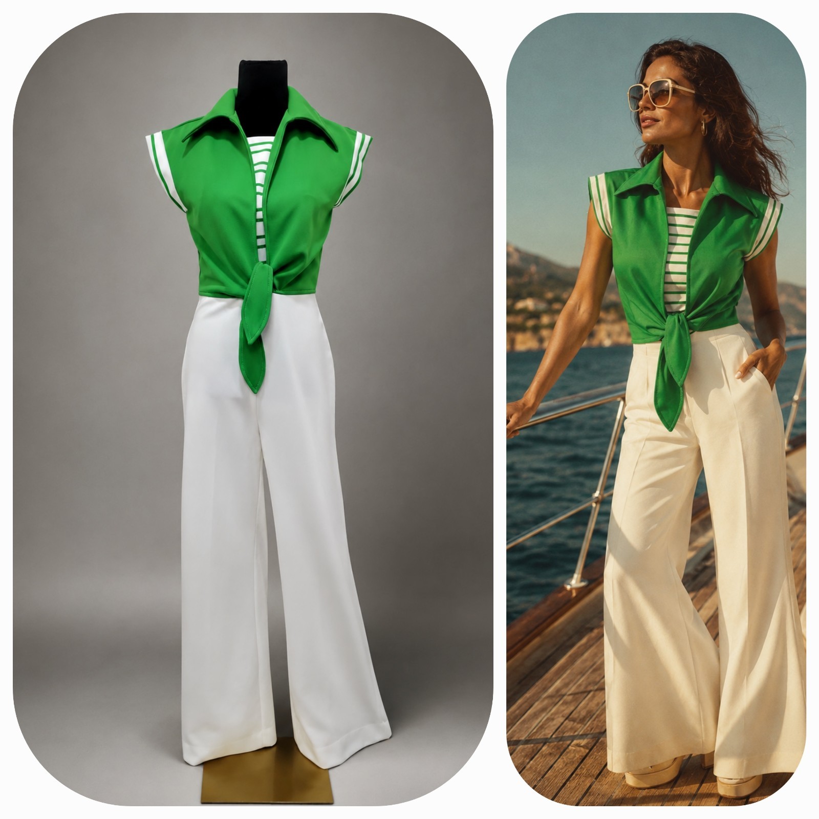 VTG&rsquo;70s Melissa Lane Green White Nautical Wide Leg Jumpsuit Retro Mod Disco
