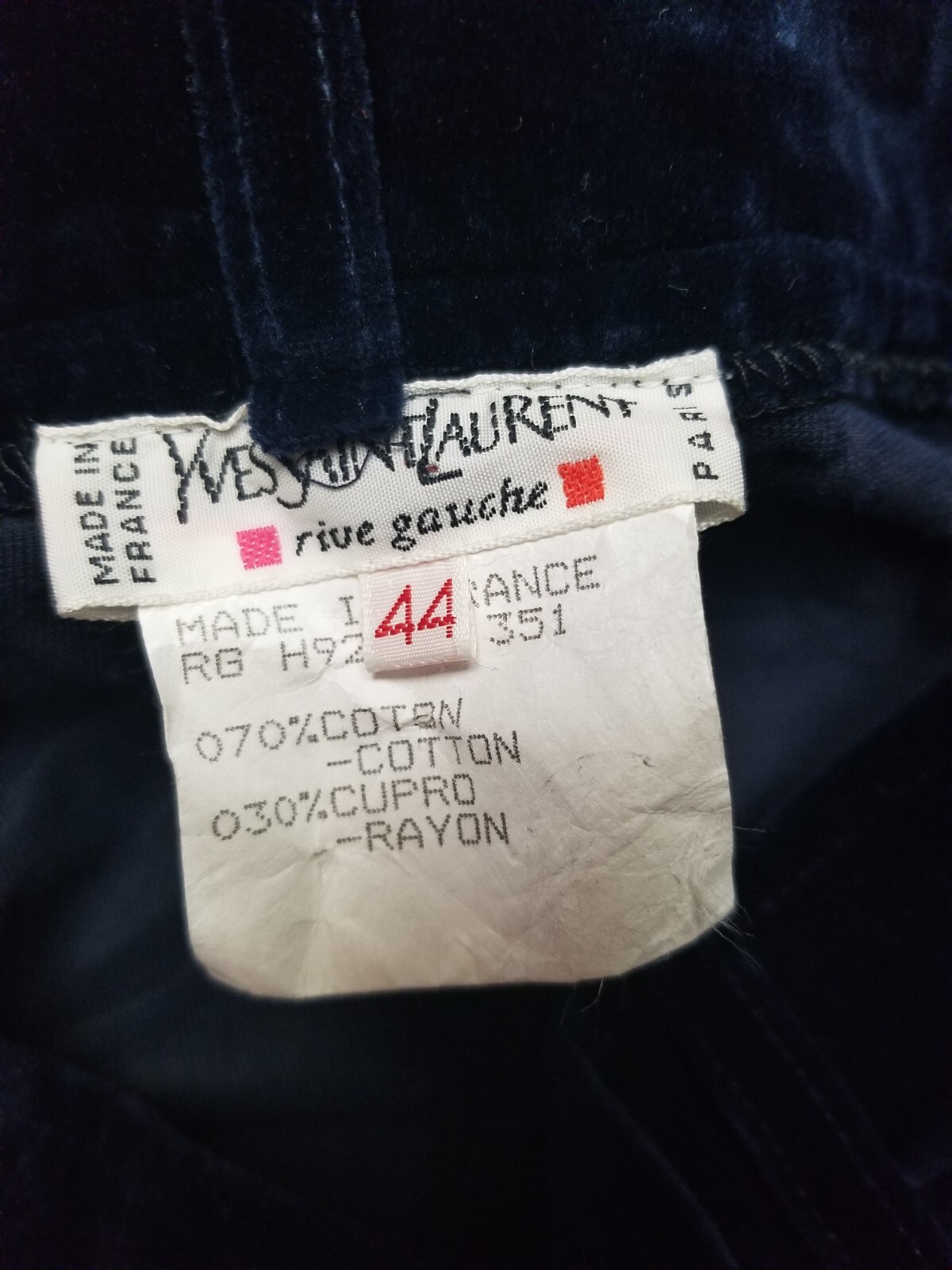 1980&rsquo;s YVES SAINT LAURENT RIVE GAUCHE Blue Velvet trousers Womens Vintage Pants