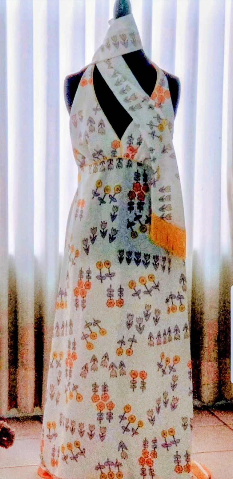 1970s Julie Miller Purple And Yellow Florsl Halter Dress