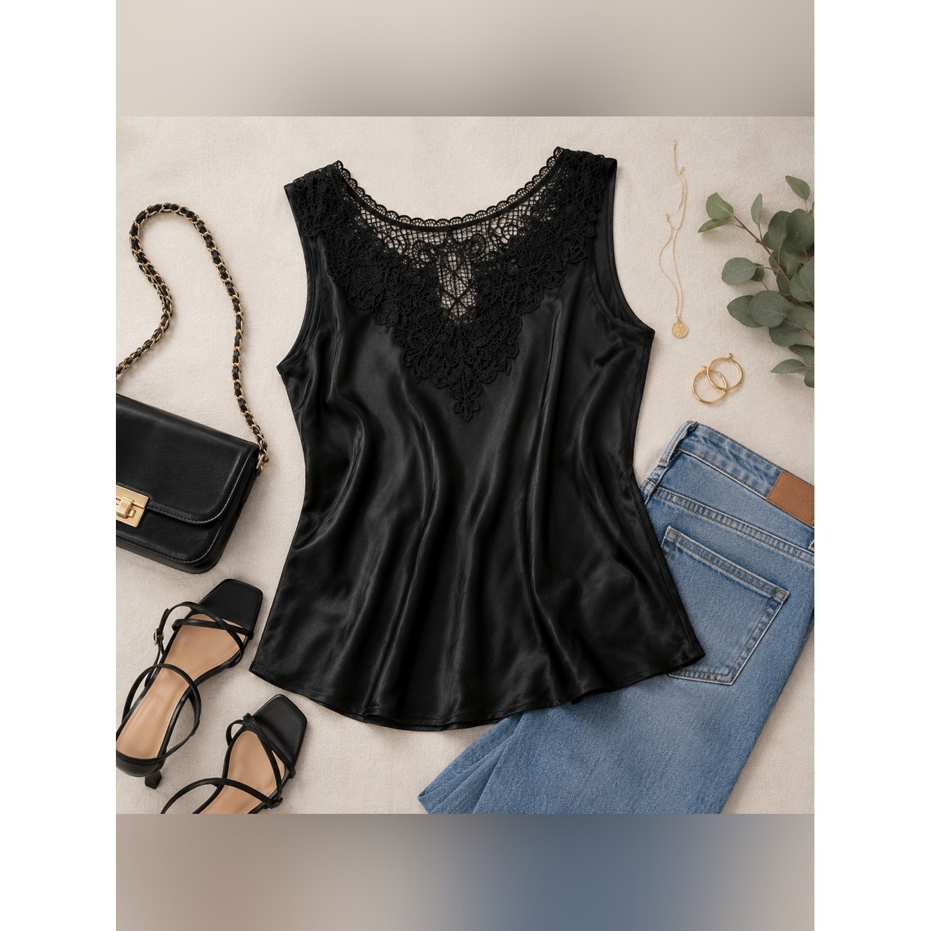 Black Satin Lace Yoke Cami Top S Elegant Whimsygoth Coquette Glam Feminine Luxe
