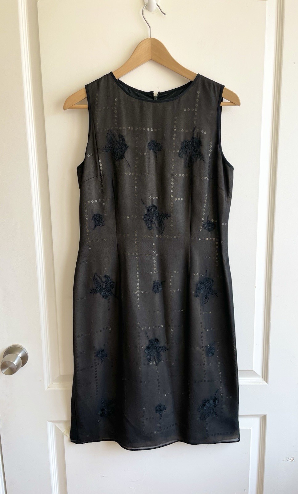 Vintage 90s Silk Shift Dress Black Embroidered Sequin Sz 10 P Art Deco
