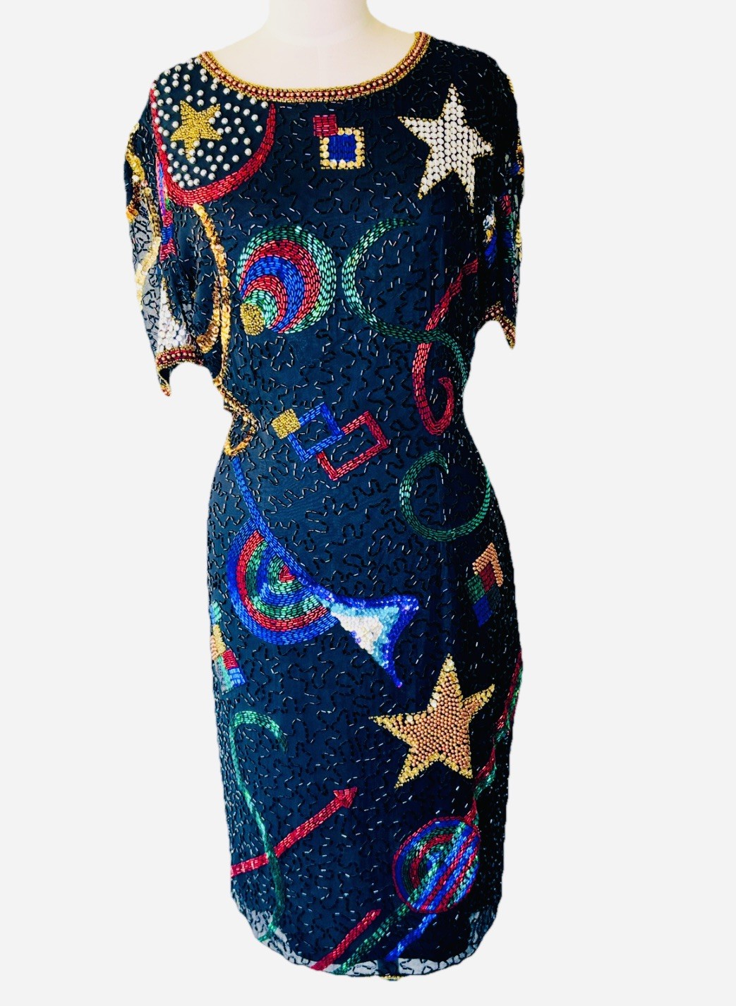 Vintage 80s Silk Heavily Hand Beaded Sequin Celestial Dress by Nadine Boutique