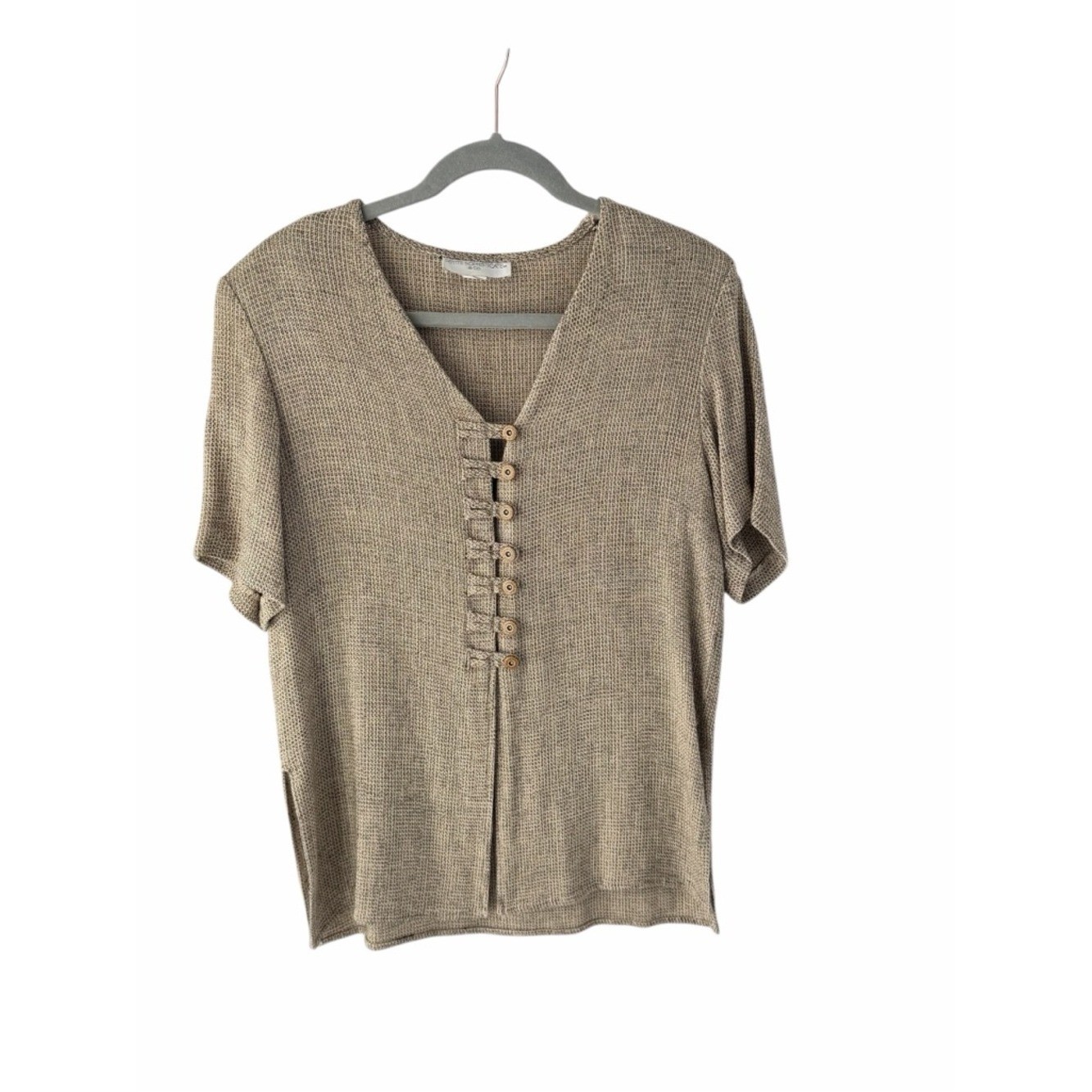 Vintage Y2K Petite Sophisticate Textured Top V-Neck Button Front Shoulder Pads
