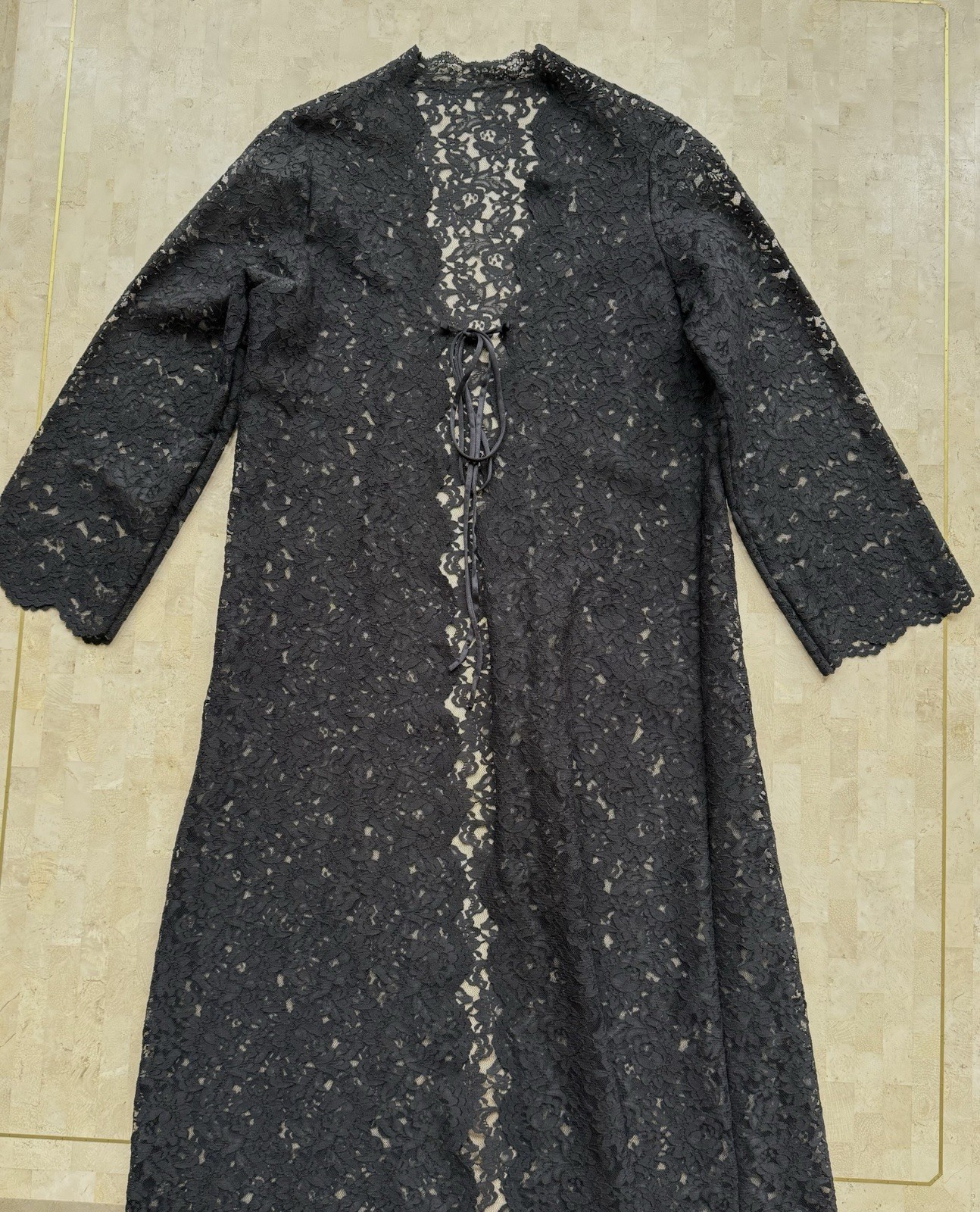 VTG Black Lace Robe Lingerie Miss Elaine Duster Union Made USA Whimsigoth S/M
