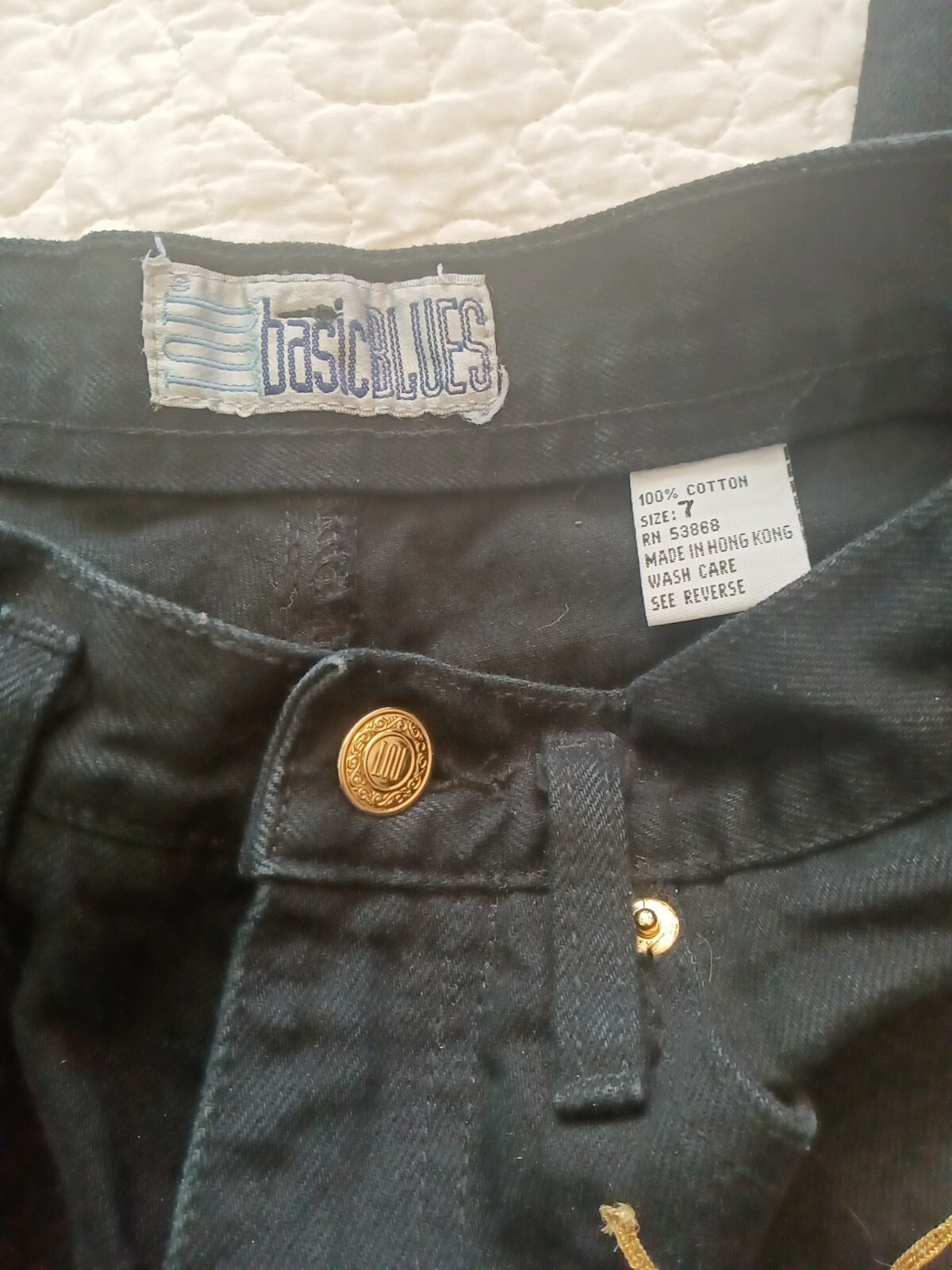 Sz 7 Vintage IOU Basic Blues Womens Black Denim High Waist Mom Jeans Gold Trim