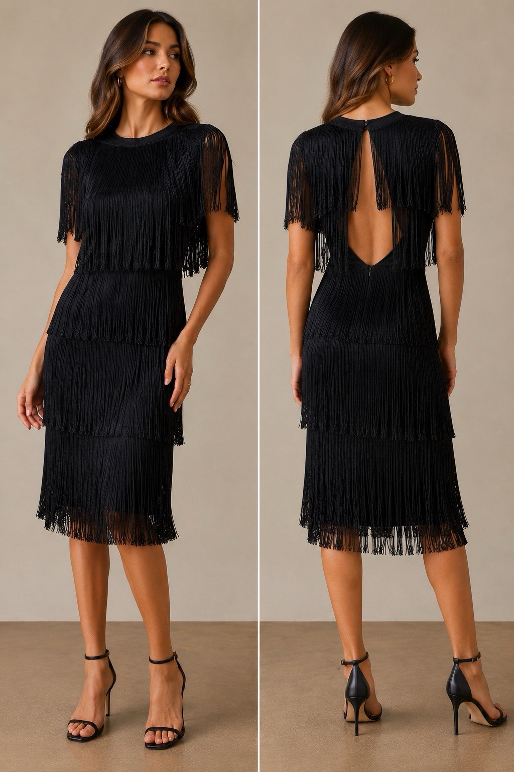 Vintage 80s Black Fringe Flapper Midi Dress Open Back Gatsby Cocktail Dress 7/8