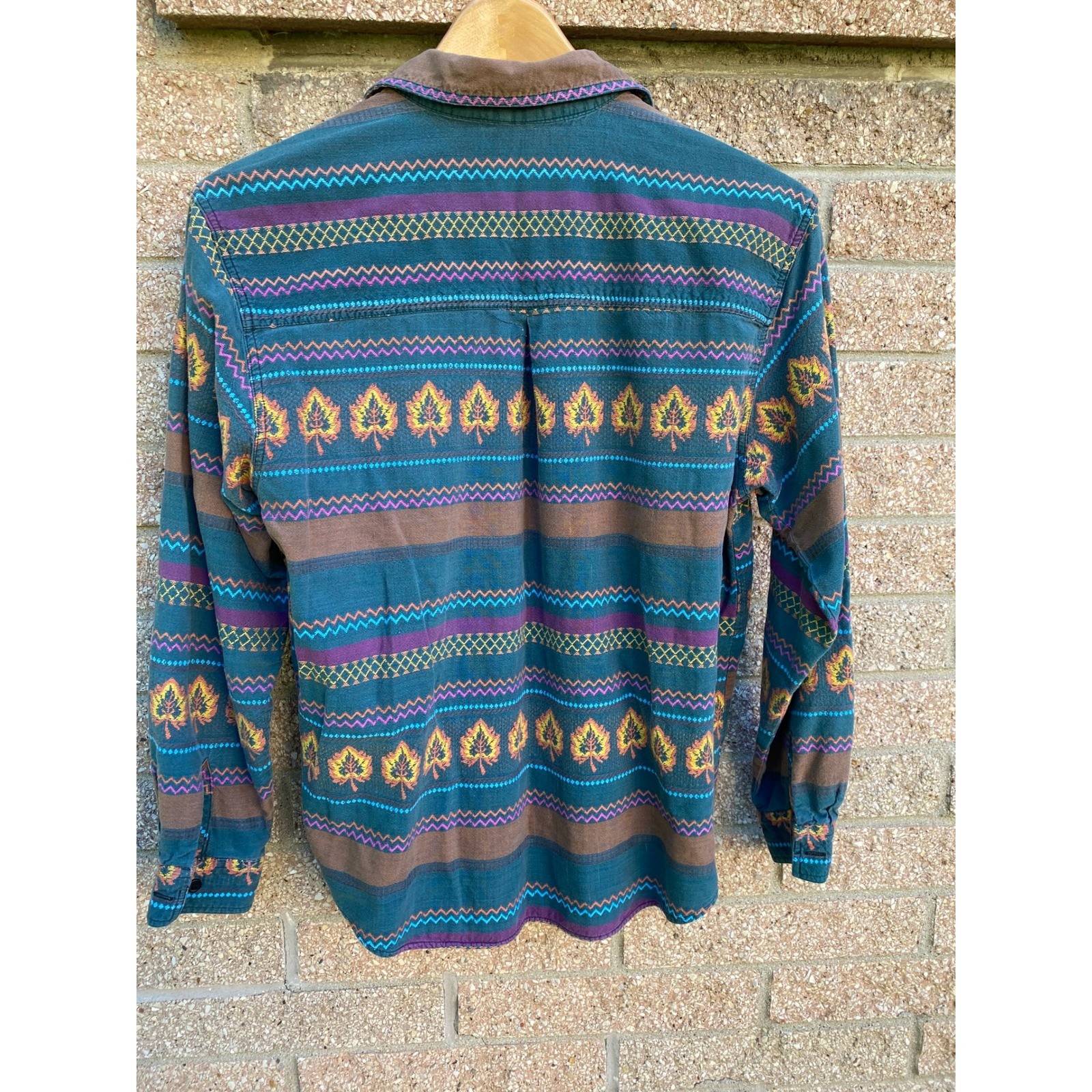 Vintage Southwestern Woven Leaf Button Down Shirt Medium Boho Western Granola