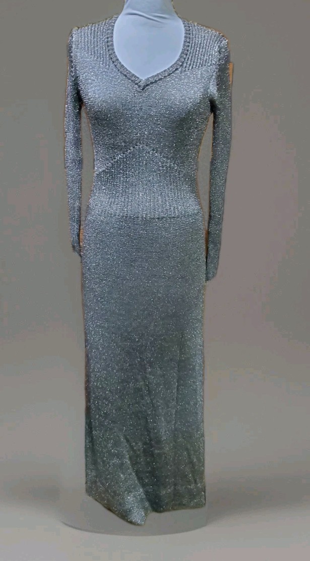Vint 70&rsquo;s Studio 54 SILVERY METALLIC LUREX Knit V NECK Maxi Dress M HONG KONG