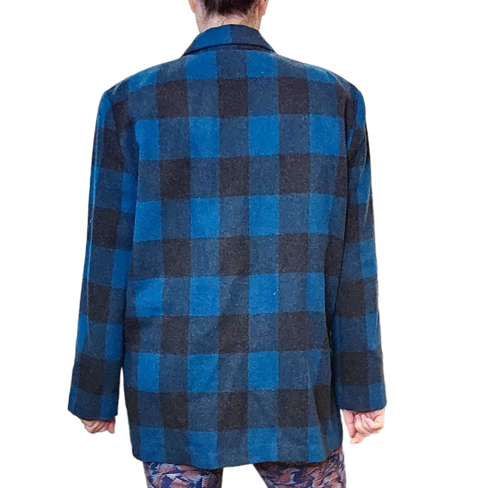 80s 90s Wool Blend Plaid Checkered Teal Blue Dark Gray Blazer Boyfriend Fit M/L