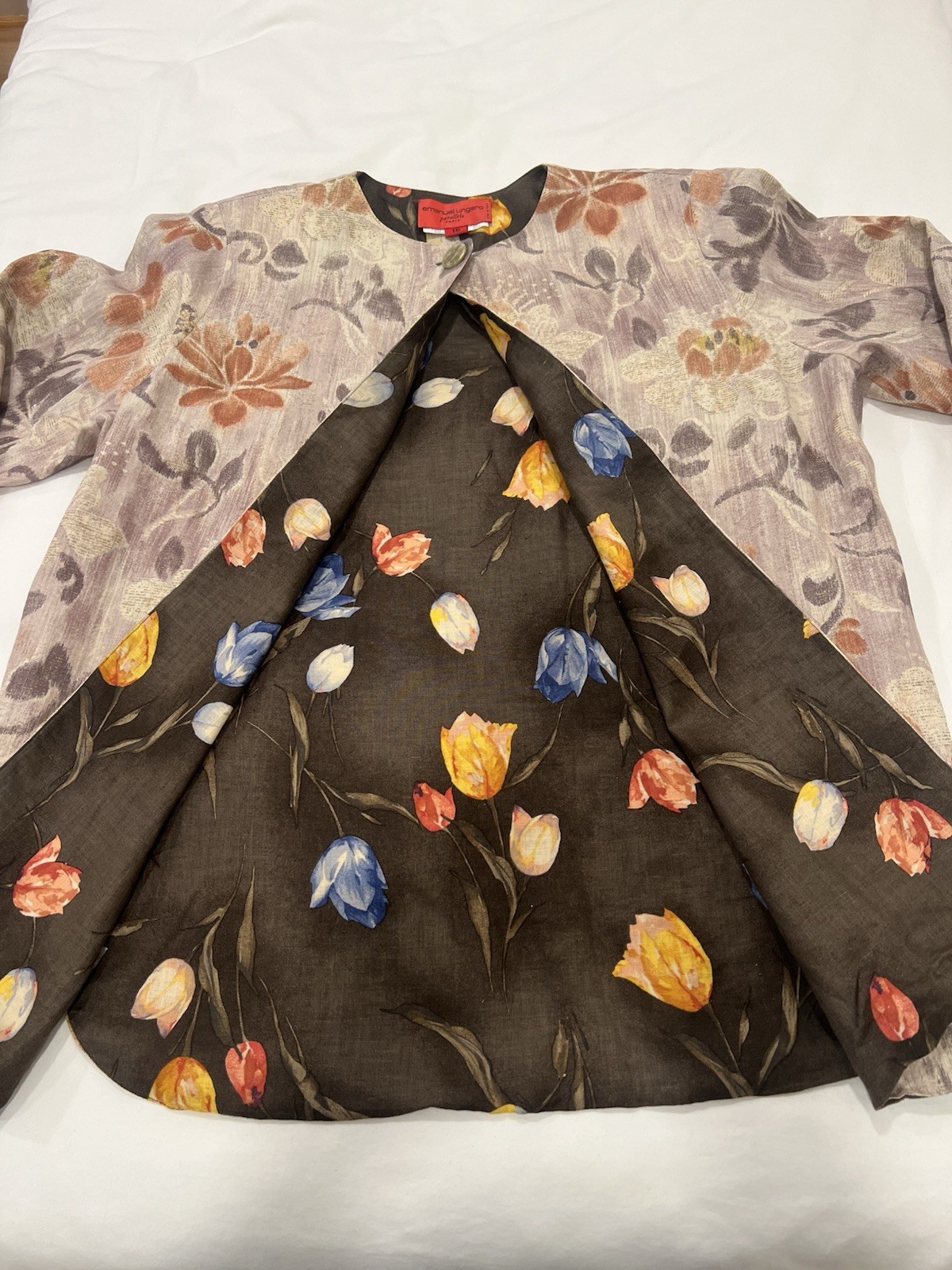Emanuel Ungaro Parallèle Reversible Linen Jacket Floral Brown Beige Women’s 16