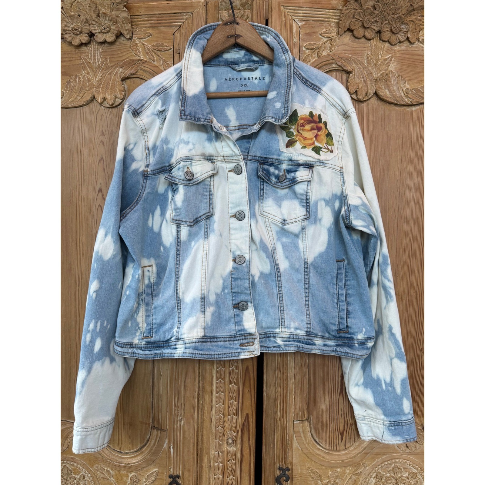 Upcycled Cropped Denim Jacket Roses Love Heals Patch Folk Art Boho XXL