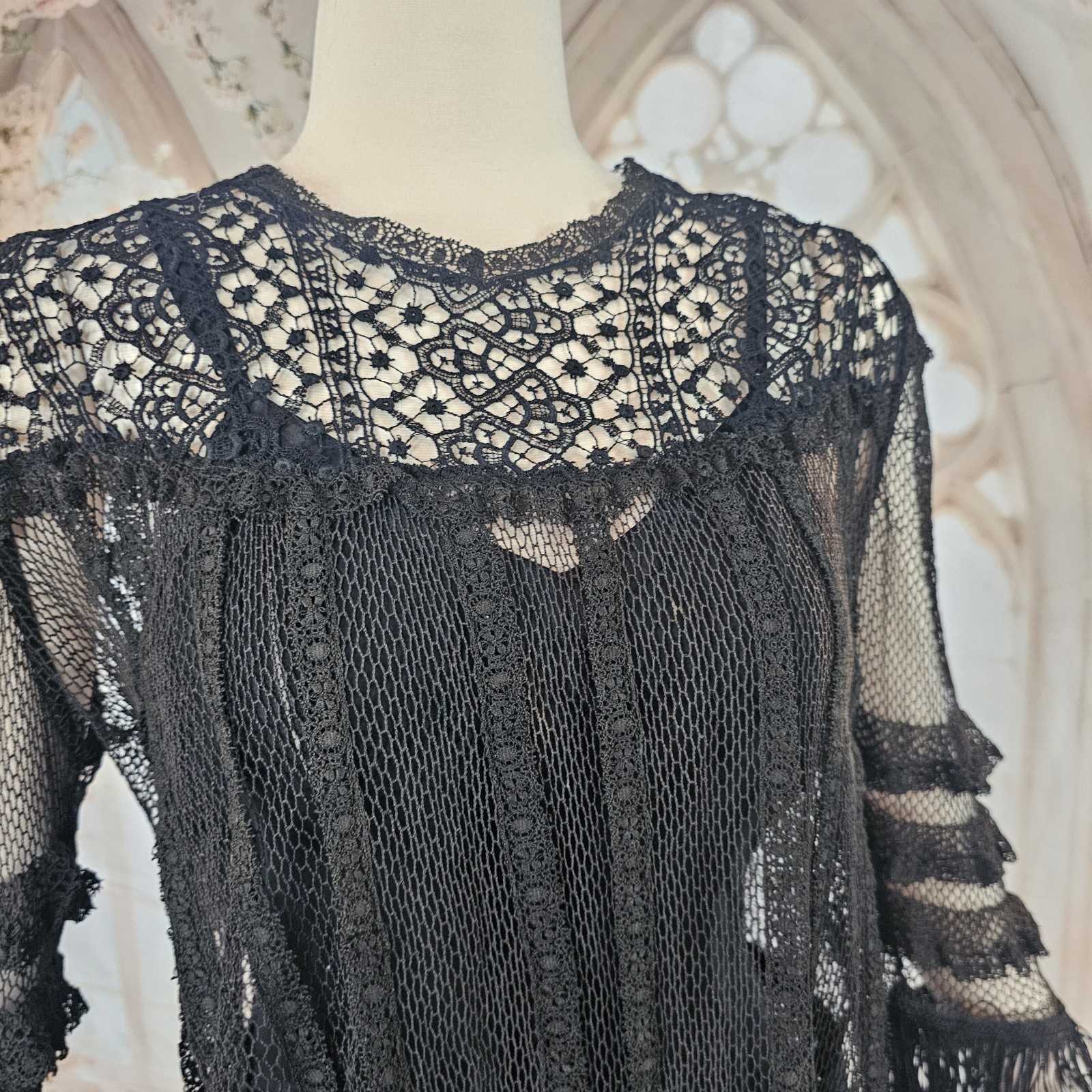 Black Crochet Lace Blouse Fringe Tassels Antique Victorian Edwardian Top Shirt