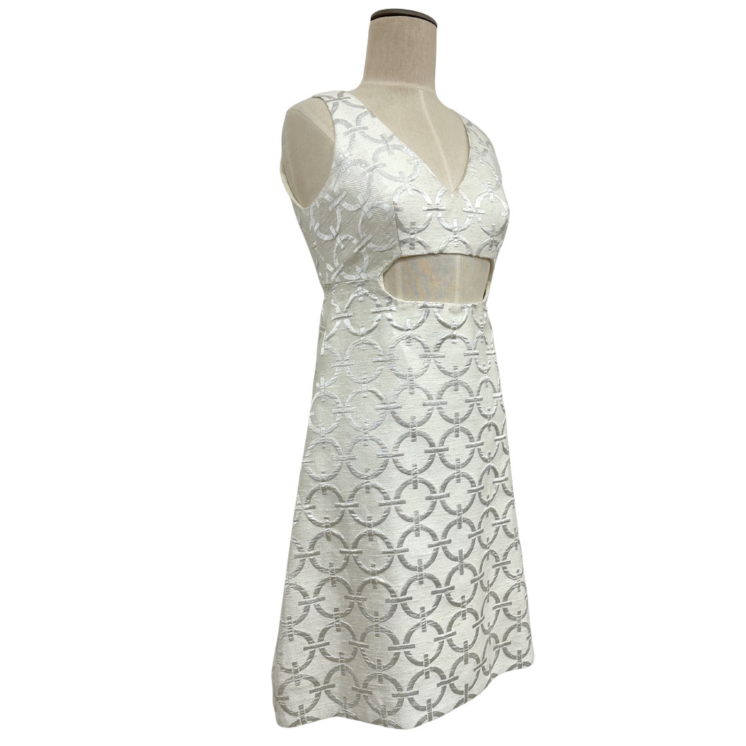 Vintage 1960s Peter Collins Mod White Metallic Brocade Cutout A Line Dress