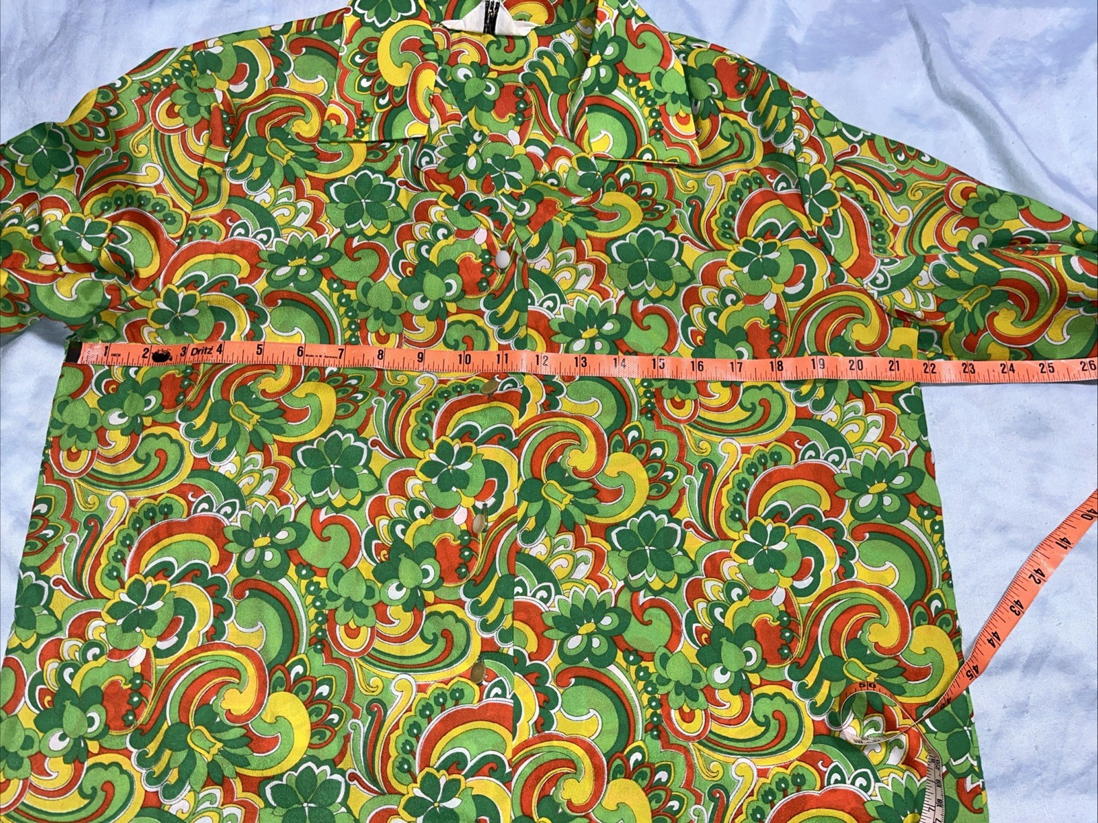 Vintage Bright Green Yellow Red Mod Flower Power Poly Long Sleeve Womens Shirt
