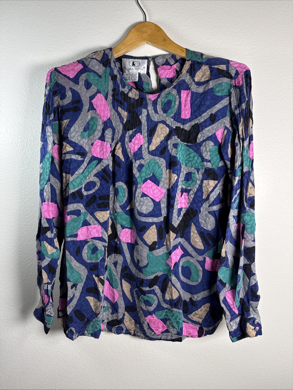 Vintage 80&rsquo;s Flora Kung Abstract multicolor, long sleeve silk Blouse